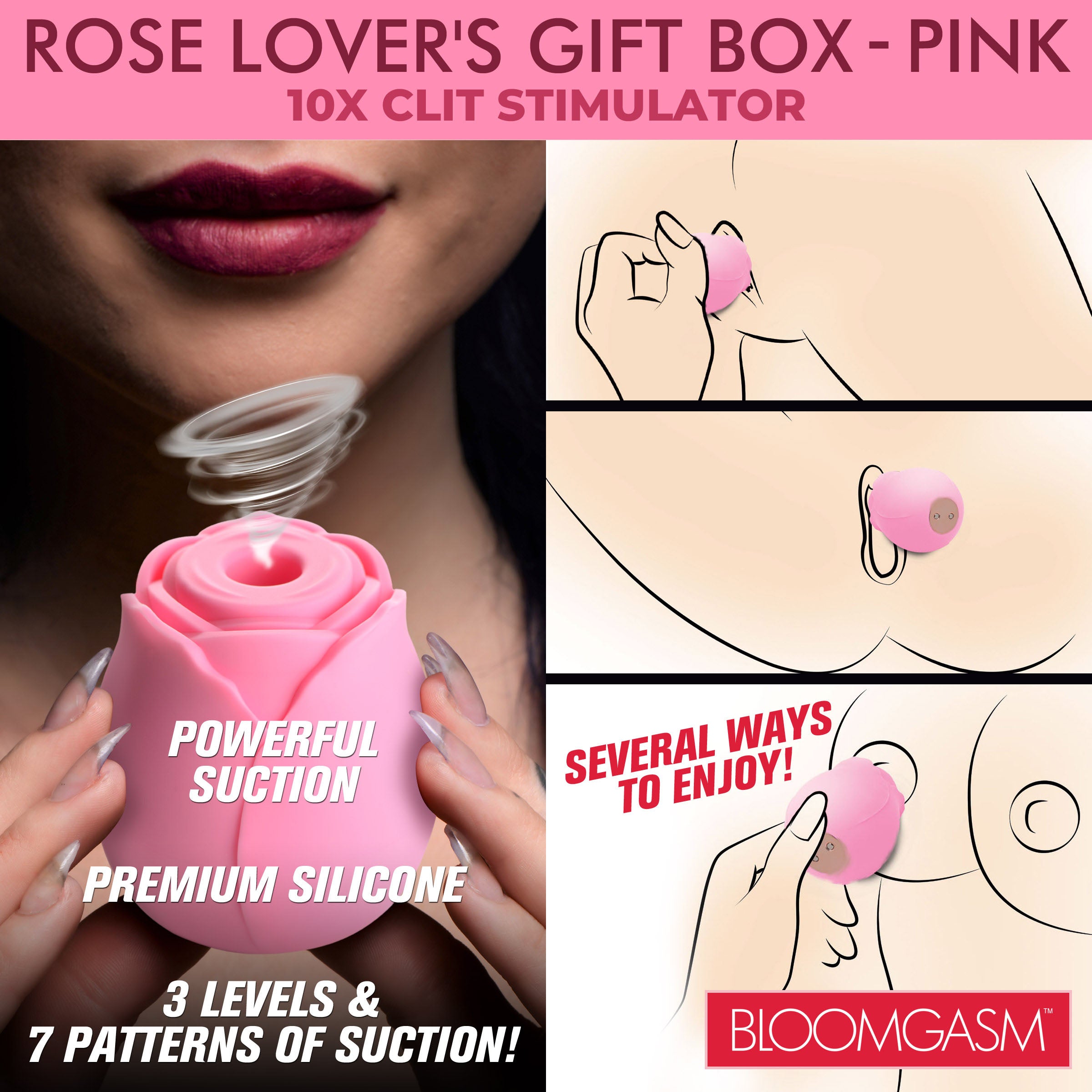 The Rose Lover's Gift Box - Pink featuring a clit stimulator surrounded by decorative roses in a heart-shaped box.