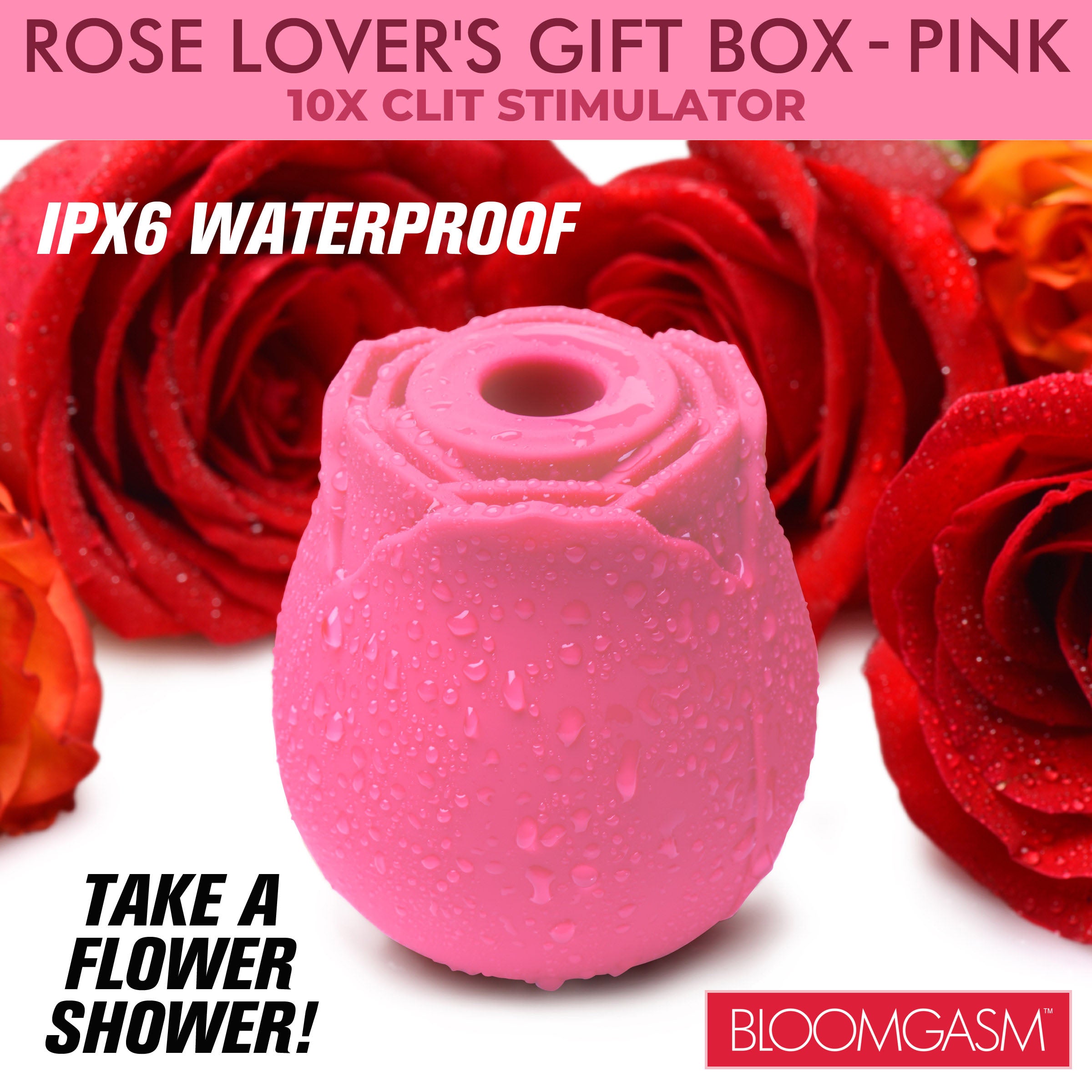 The Rose Lover's Gift Box - Pink featuring a clit stimulator surrounded by decorative roses in a heart-shaped box.