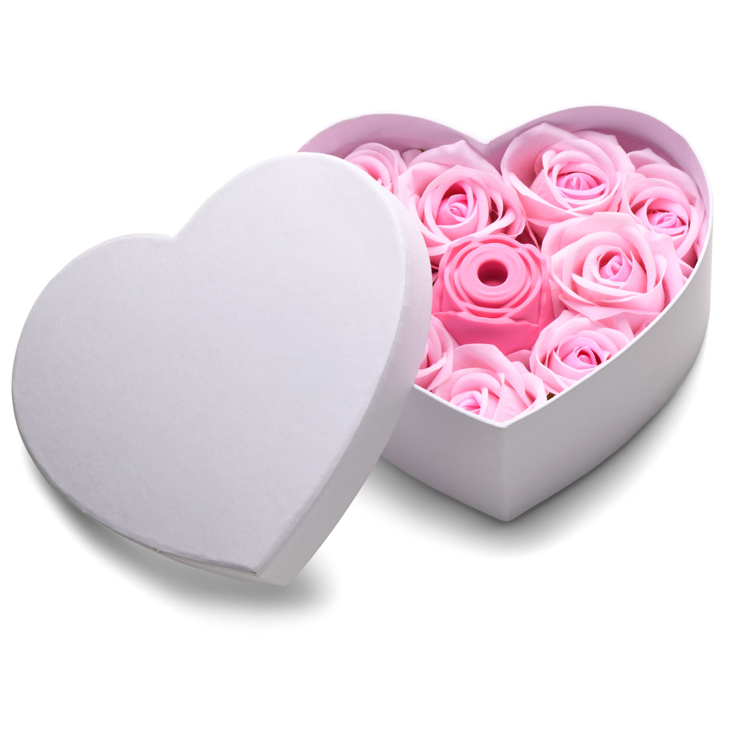 The Rose Lover's Gift Box - Pink featuring a clit stimulator surrounded by decorative roses in a heart-shaped box.