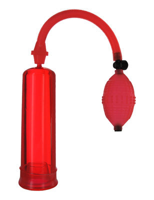 The SMP Red Beginner Pump featuring a soft sleeve, medical-style pump bulb, and flexible hose for enhanced pleasure.