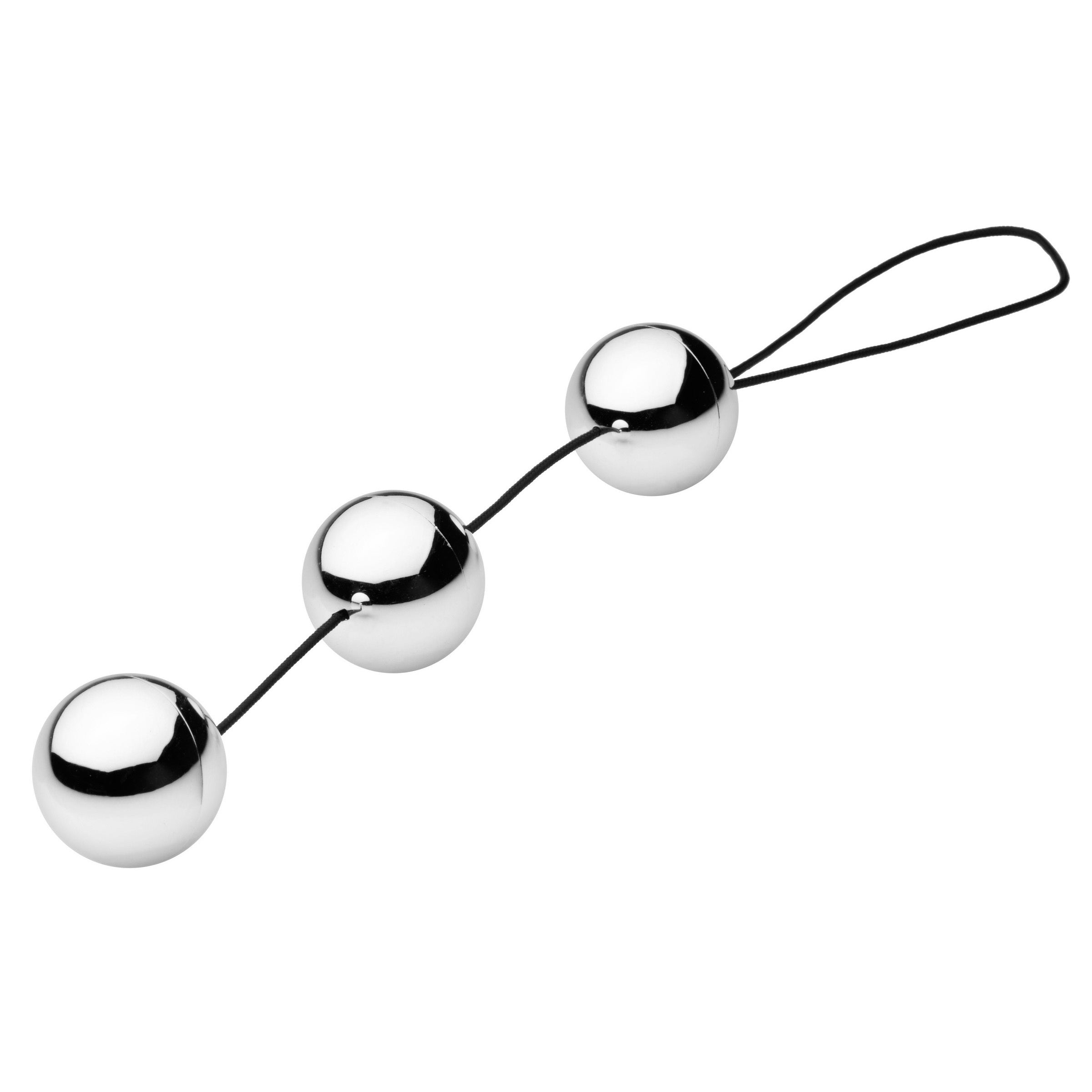 Trilogy Orgasm Kegel Balls in sleek silver design, showcasing their smooth ABS plastic finish and nylon release cord.