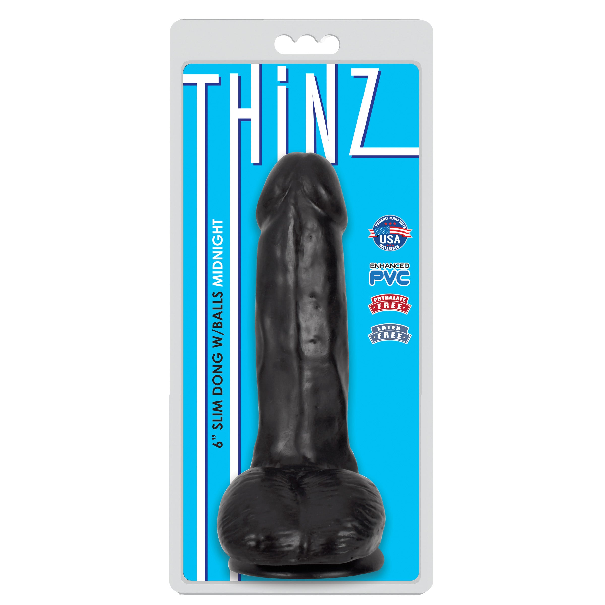 Thinz 6 Inch Slim Dildo with Balls in black, featuring a realistic design and textured surface for enhanced pleasure.