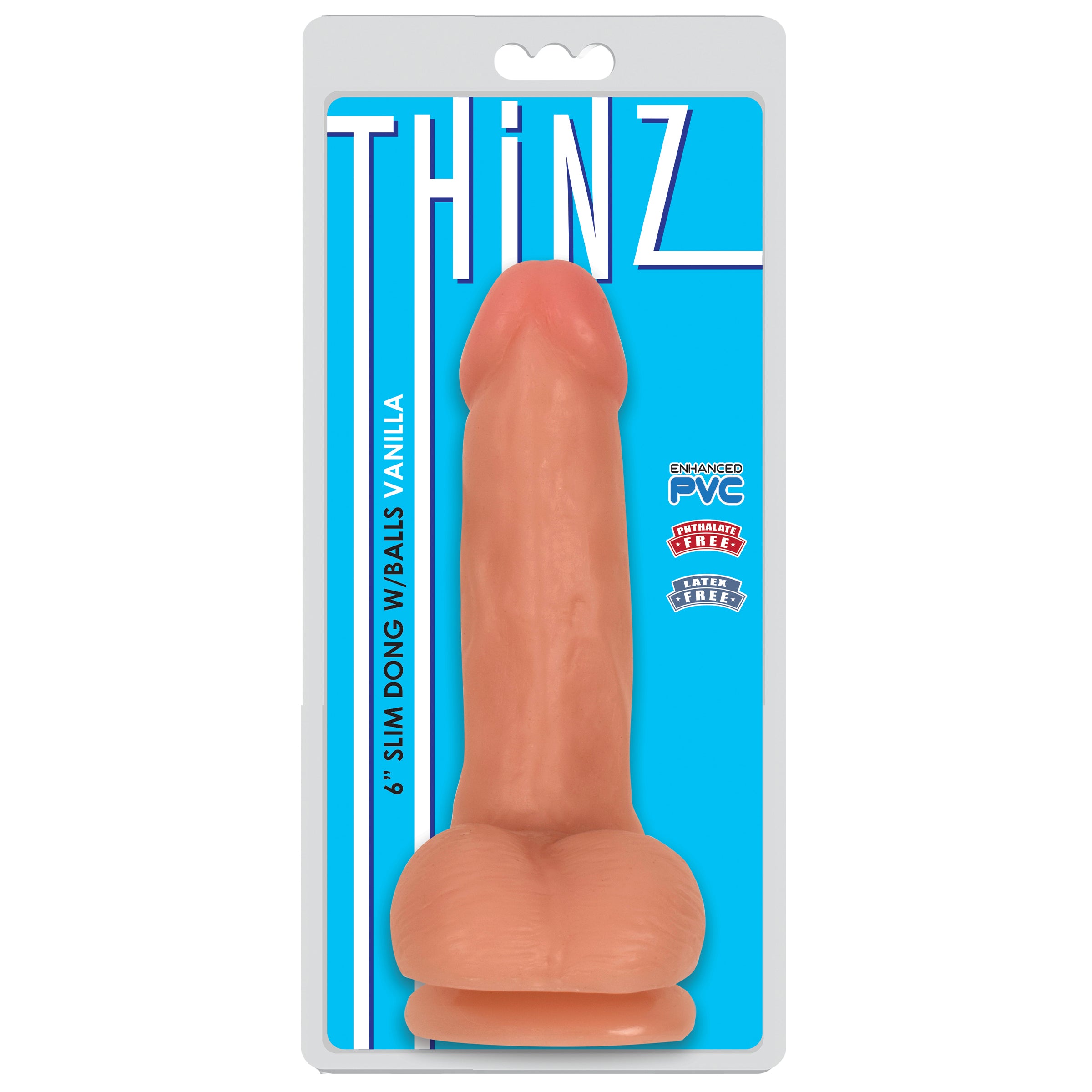 Thinz 6 Inch Slim Dildo with Balls in light color, showcasing its realistic texture and design.