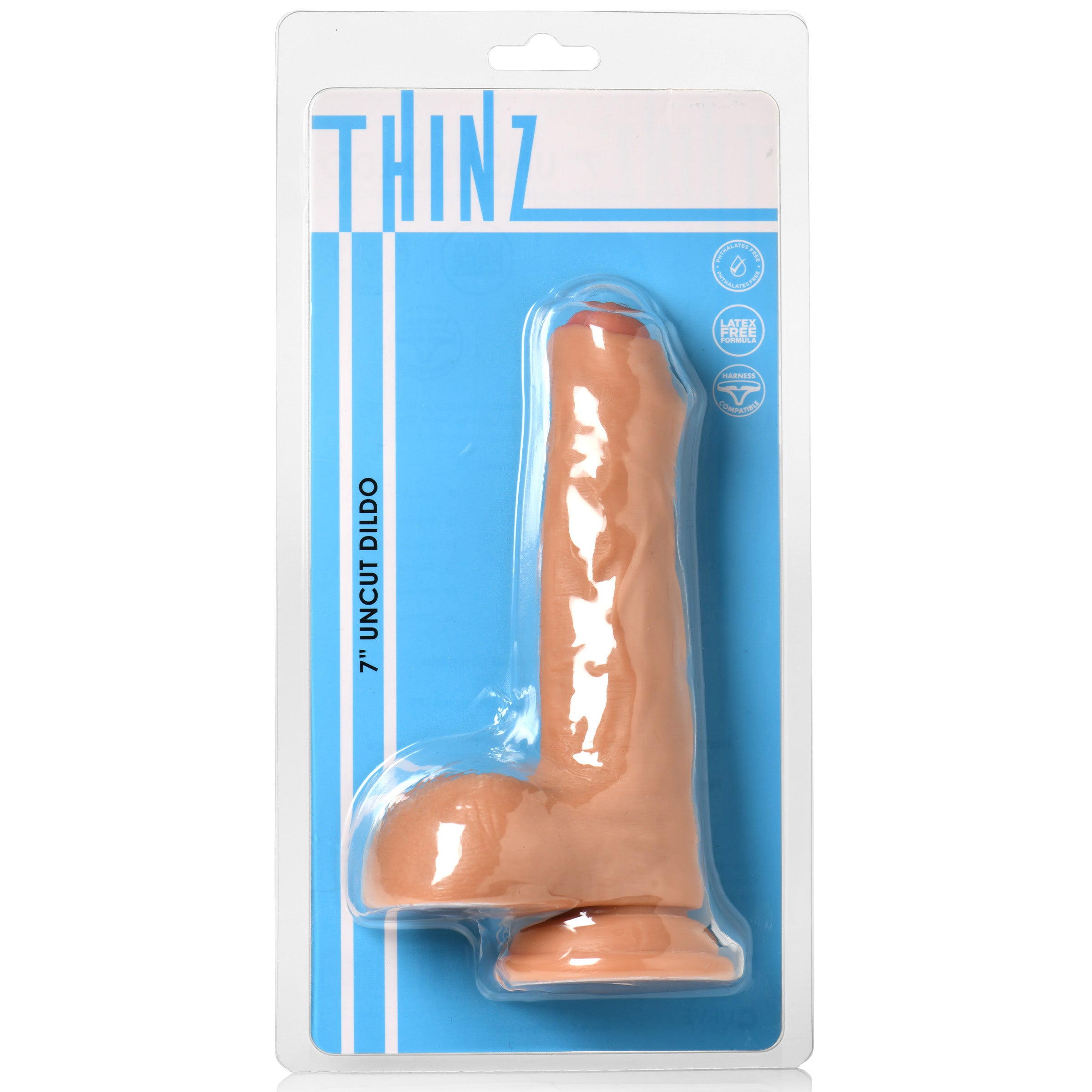 Thinz 7" Uncut Dildo with Balls, featuring realistic details and a strong suction cup base for hands-free pleasure.