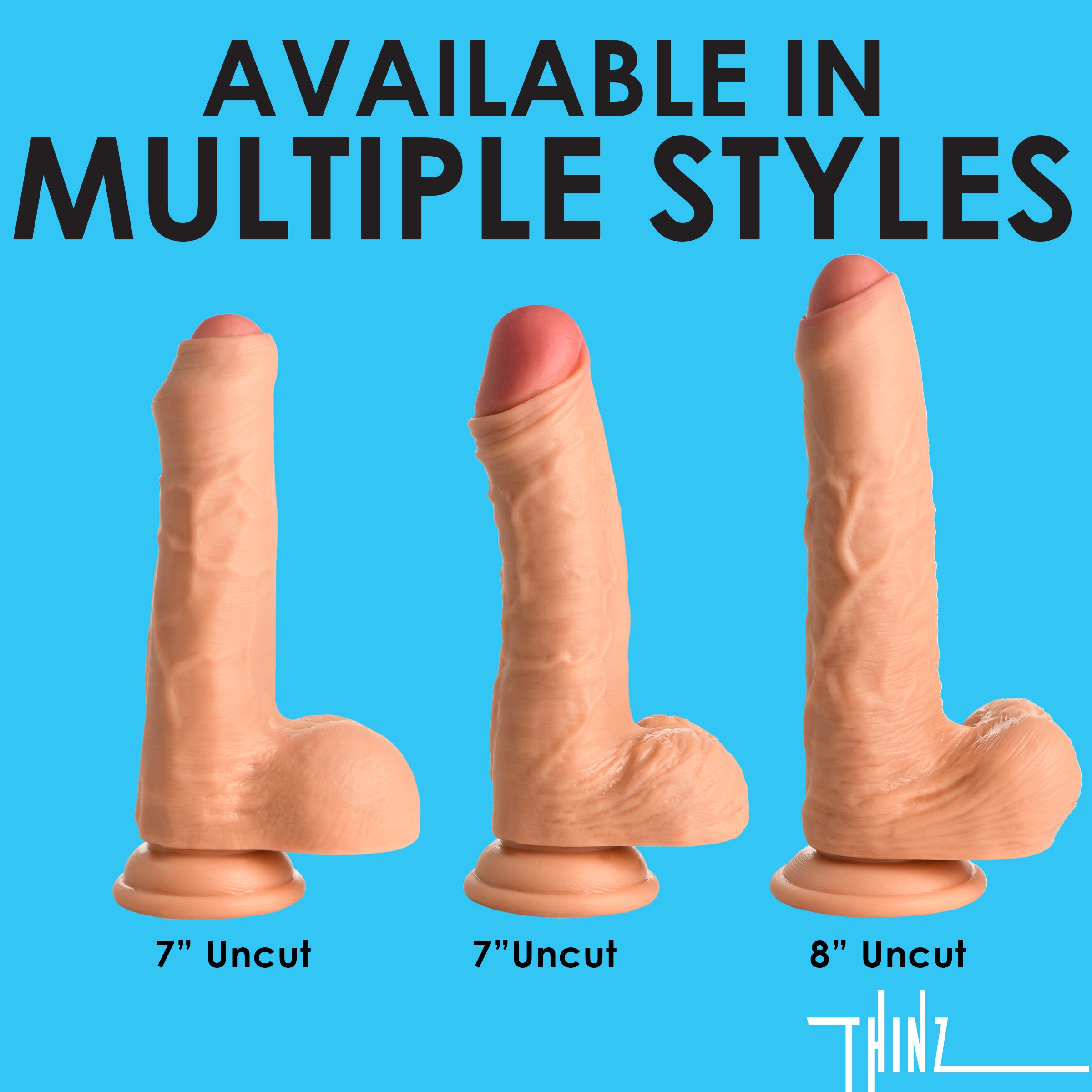 Thinz 7" Uncut Dildo with Balls, featuring realistic details and a strong suction cup base for hands-free pleasure.