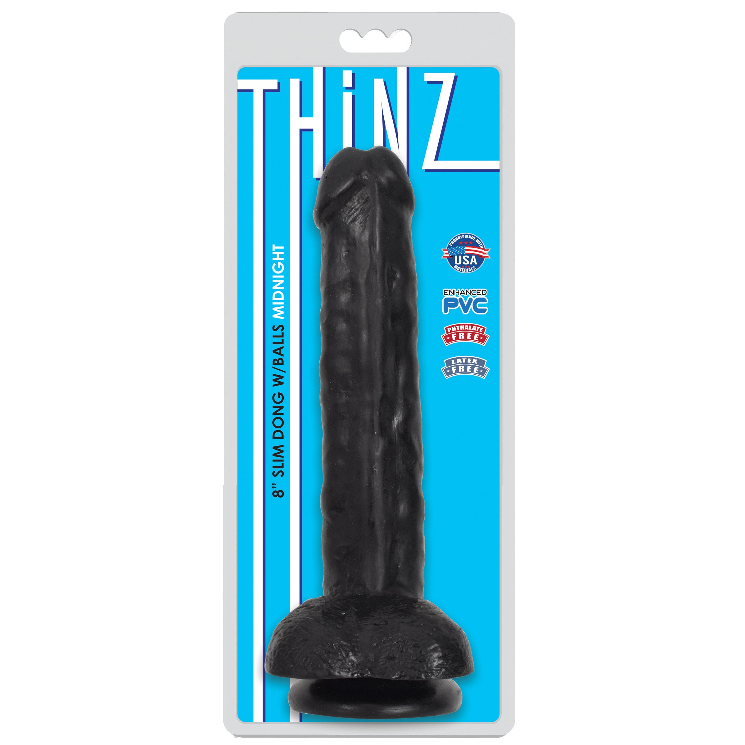 Thinz 8 Inch Slim Dildo with Balls in black, showcasing its realistic design and texture.