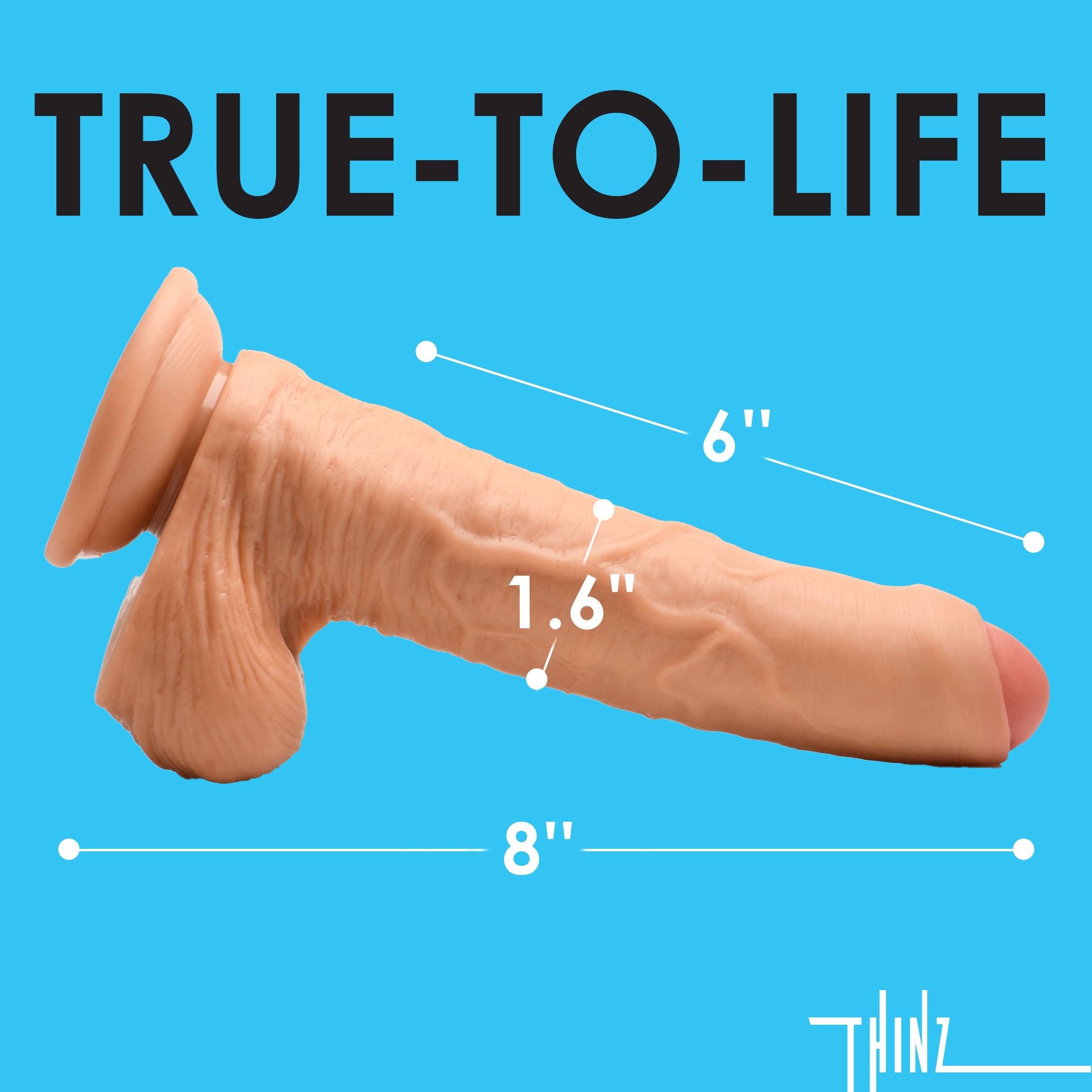 Thinz 8" Uncut Dildo with Balls, featuring a realistic design, veiny shaft, and strong suction cup base for hands-free pleasure.