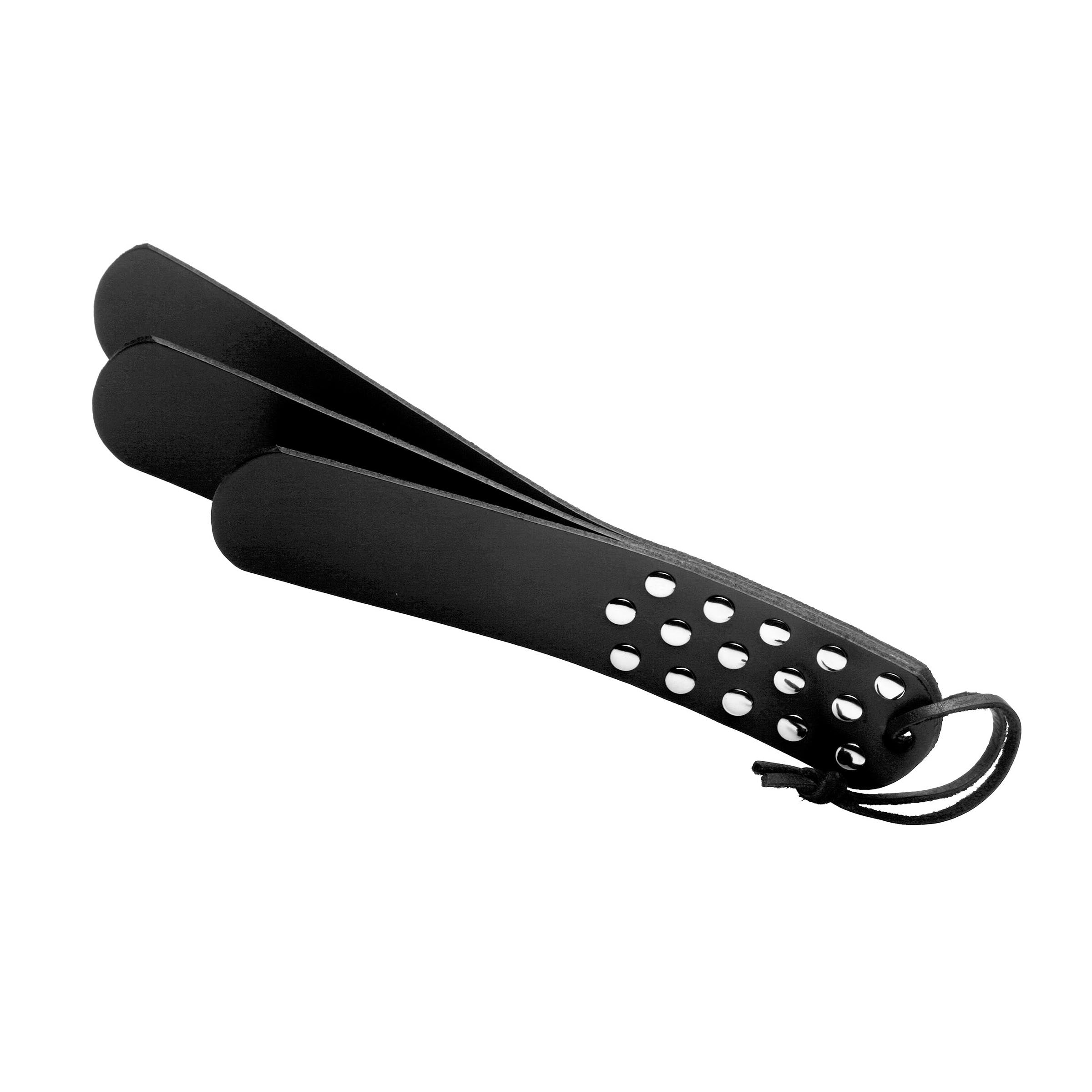 Three Layer Slapper paddle made of high-quality leather with silver studs, designed for intense spanking play.