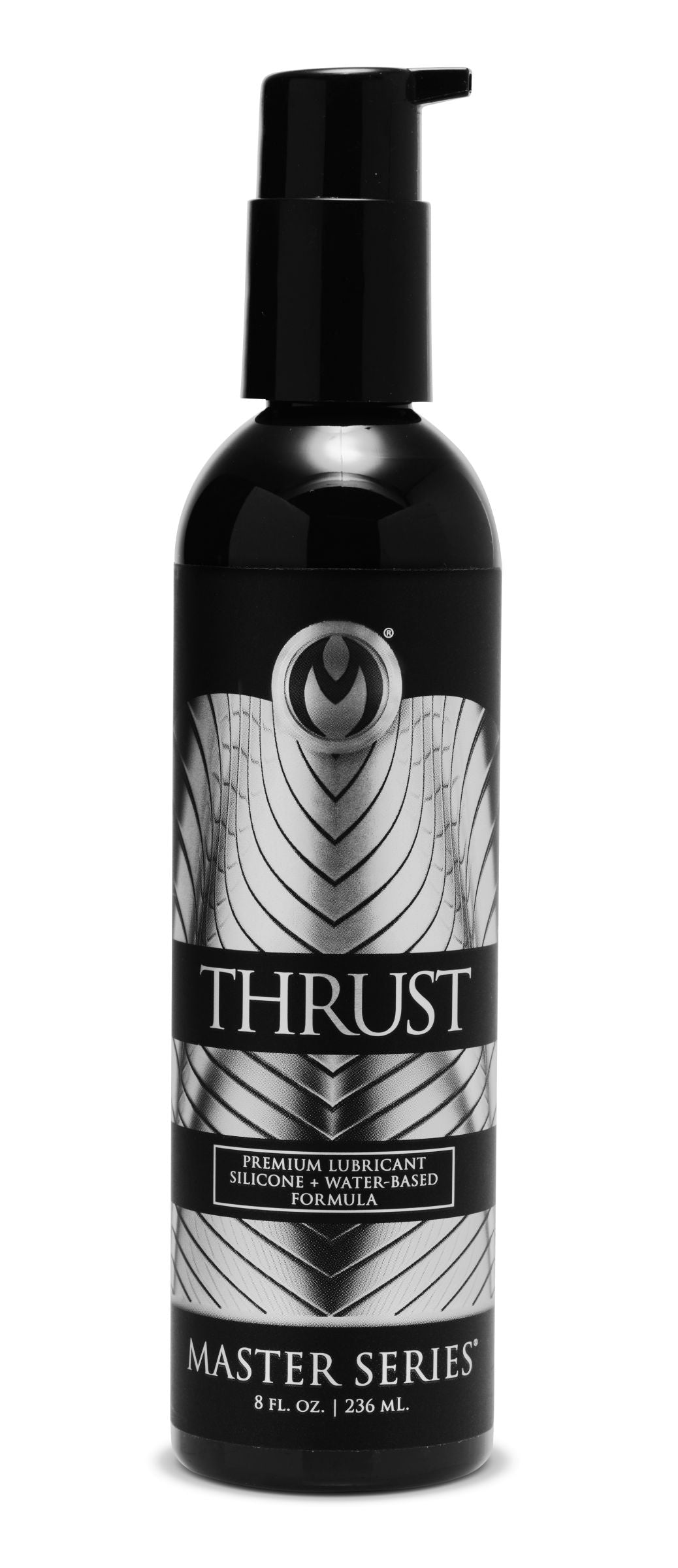 Thrust Premium Silicone Based Lubricant in an 8 oz bottle, clear liquid, designed for enhanced intimate experiences.