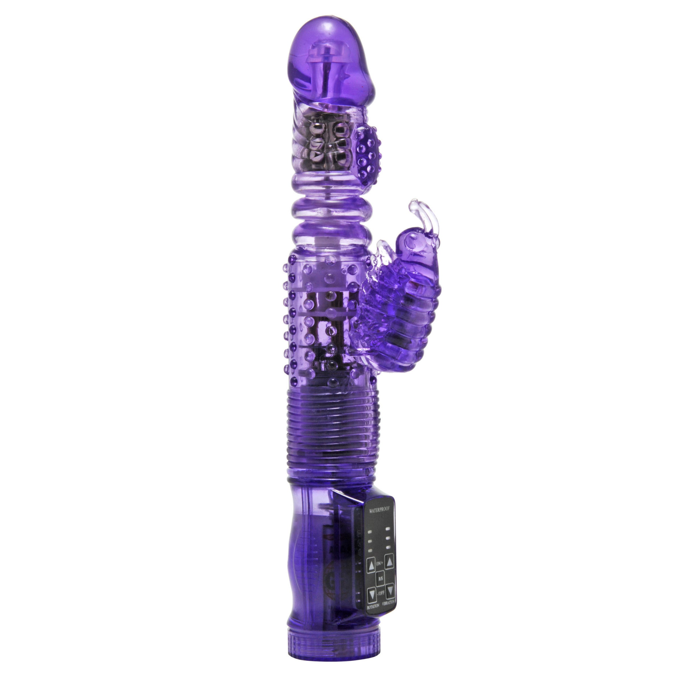 Thrusting Purple Rabbit Vibe showcasing its realistic design, textured shaft, and dual stimulation features.