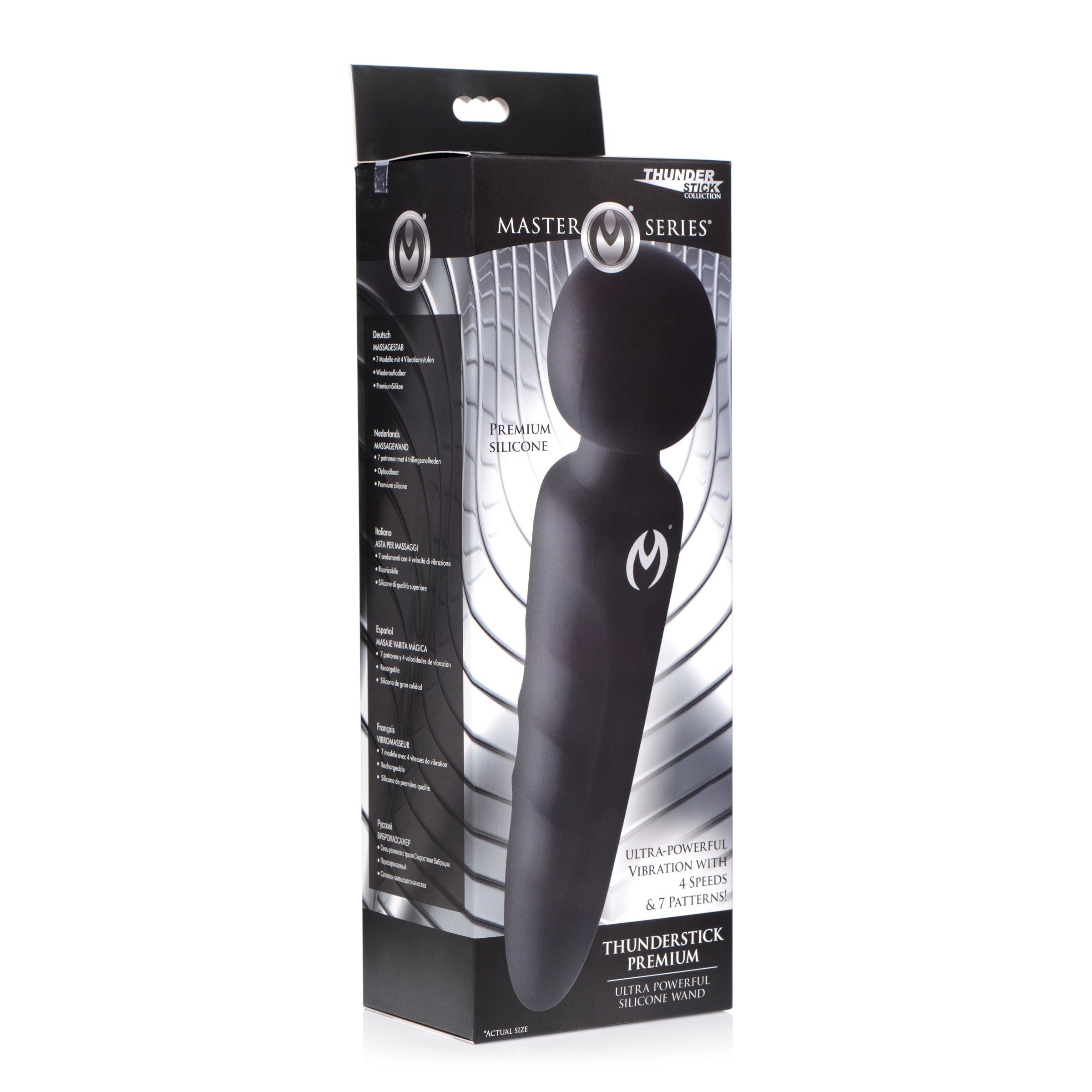 Thunderstick Premium Ultra Powerful Silicone Rechargeable Wand in sleek black silicone with ergonomic handle and round head.