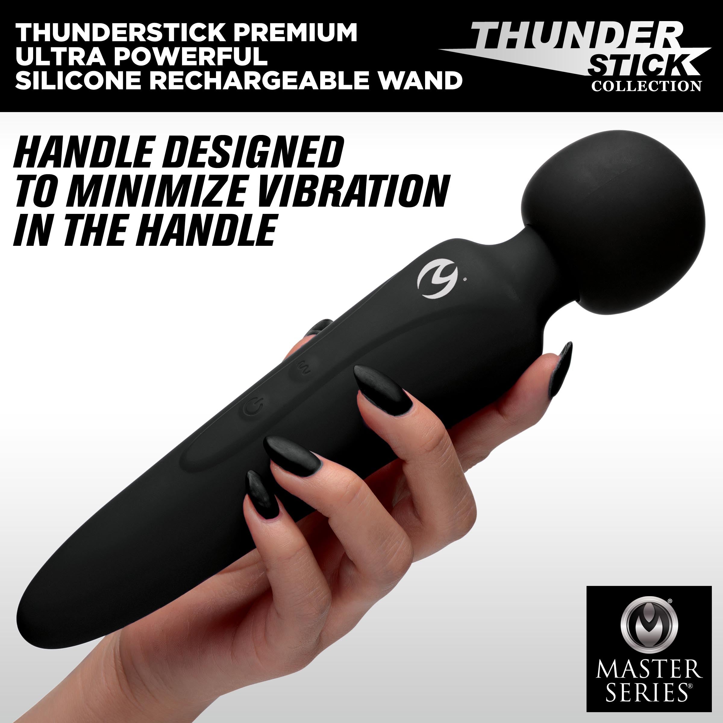 Thunderstick Premium Ultra Powerful Silicone Rechargeable Wand in sleek black silicone with ergonomic handle and round head.