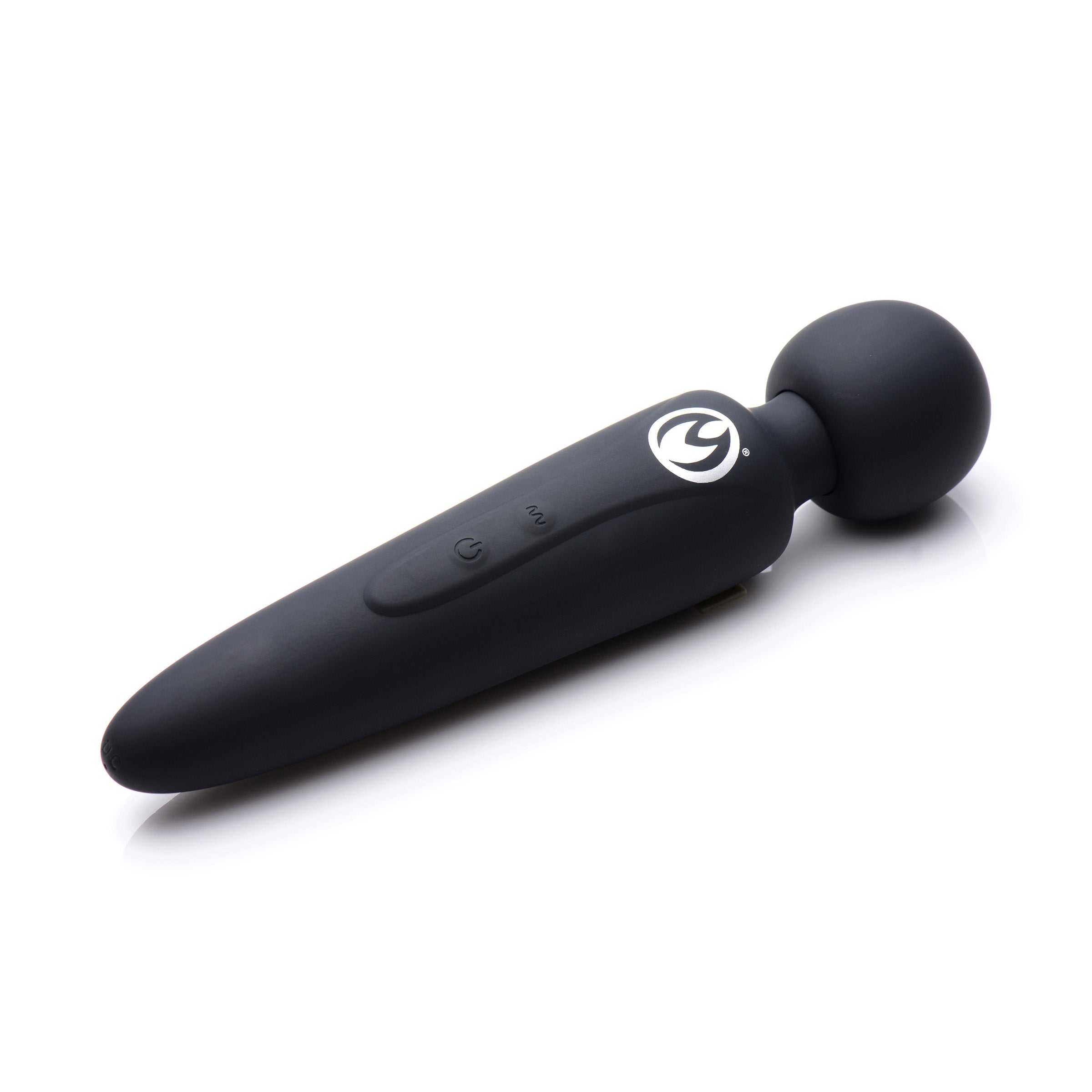 Thunderstick Premium Ultra Powerful Silicone Rechargeable Wand in sleek black silicone with ergonomic handle and round head.