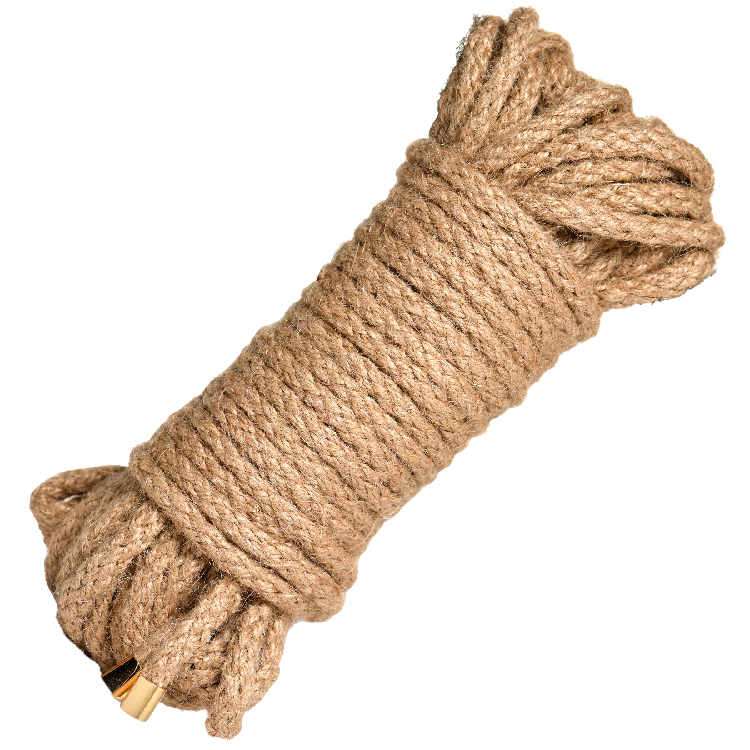 Tied Up Ultra Premium Braided Jute Rope, 50 ft long, showcasing its smooth texture and natural brown color.