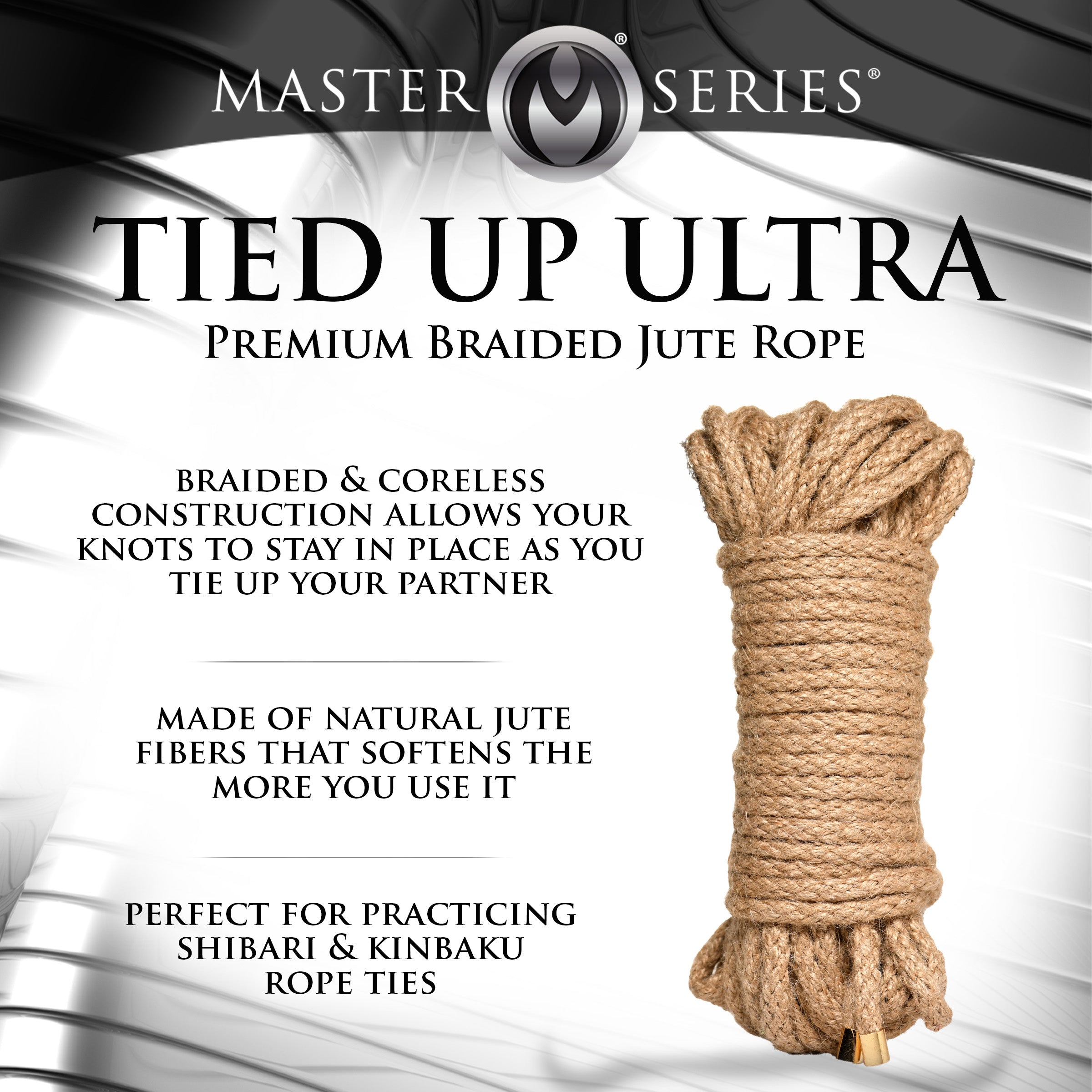 Tied Up Ultra Premium Braided Jute Rope, 50 ft long, showcasing its smooth texture and natural brown color.