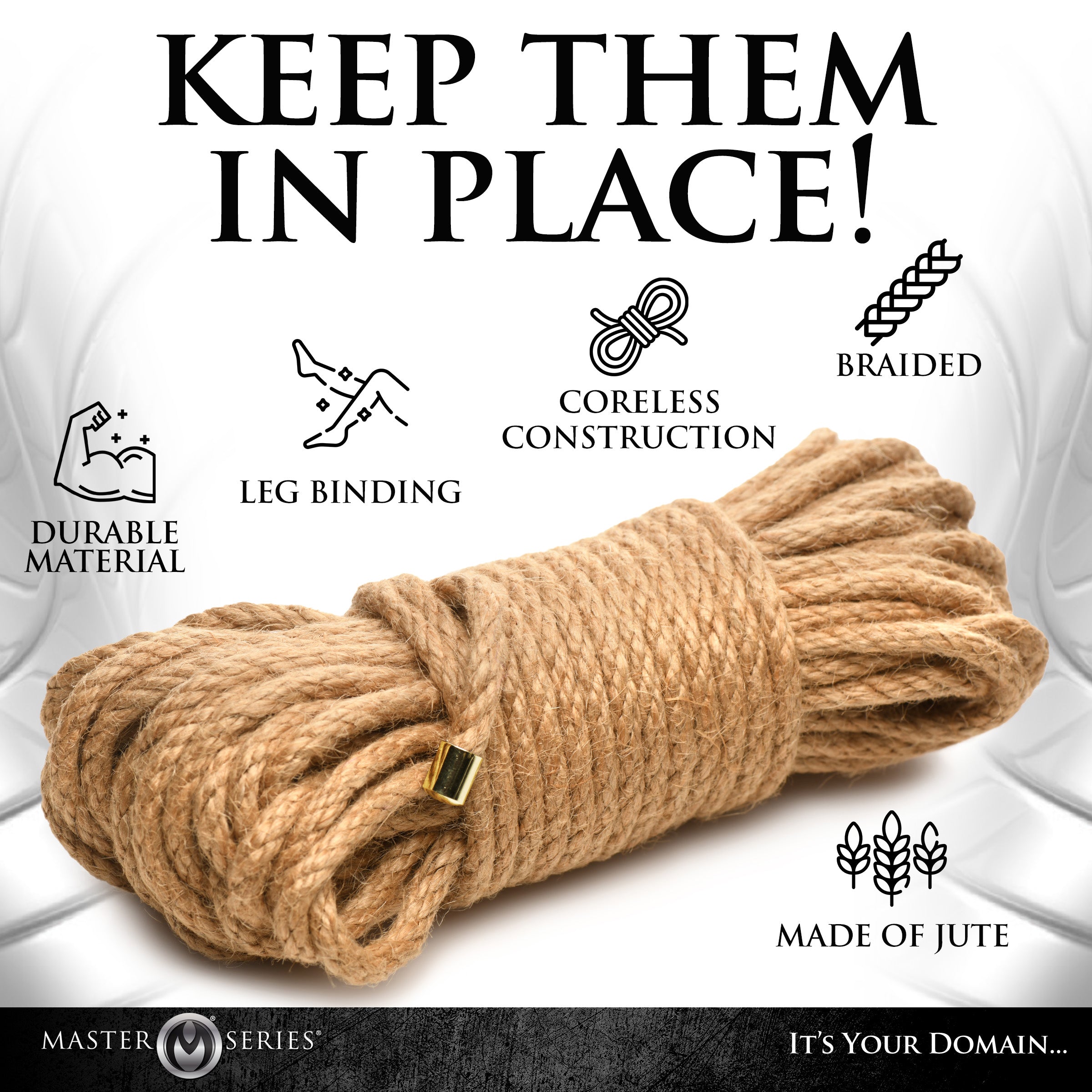 Tied Up Ultra Premium Braided Jute Rope, 50 ft long, showcasing its smooth texture and natural brown color.