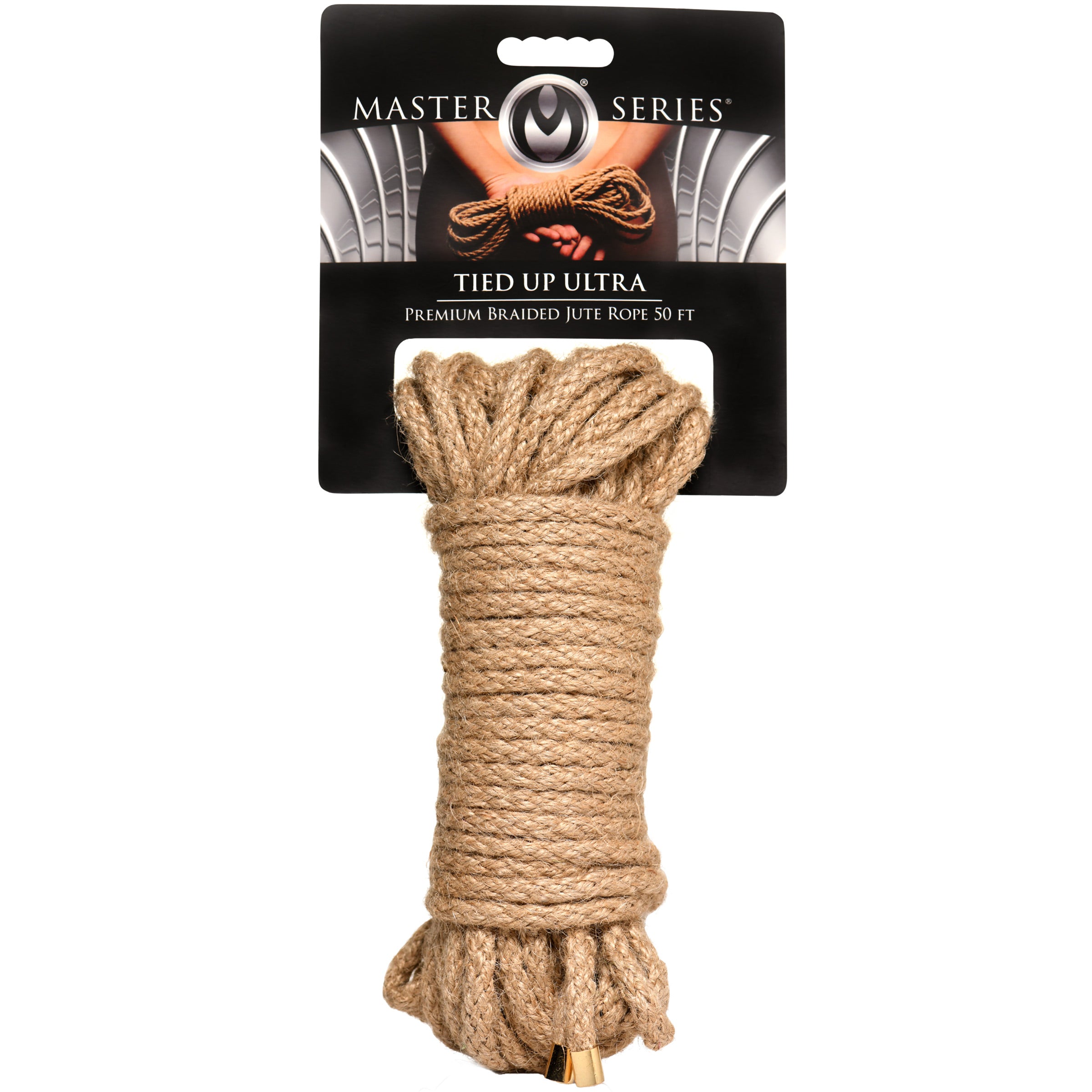 Tied Up Ultra Premium Braided Jute Rope, 50 ft long, showcasing its smooth texture and natural brown color.