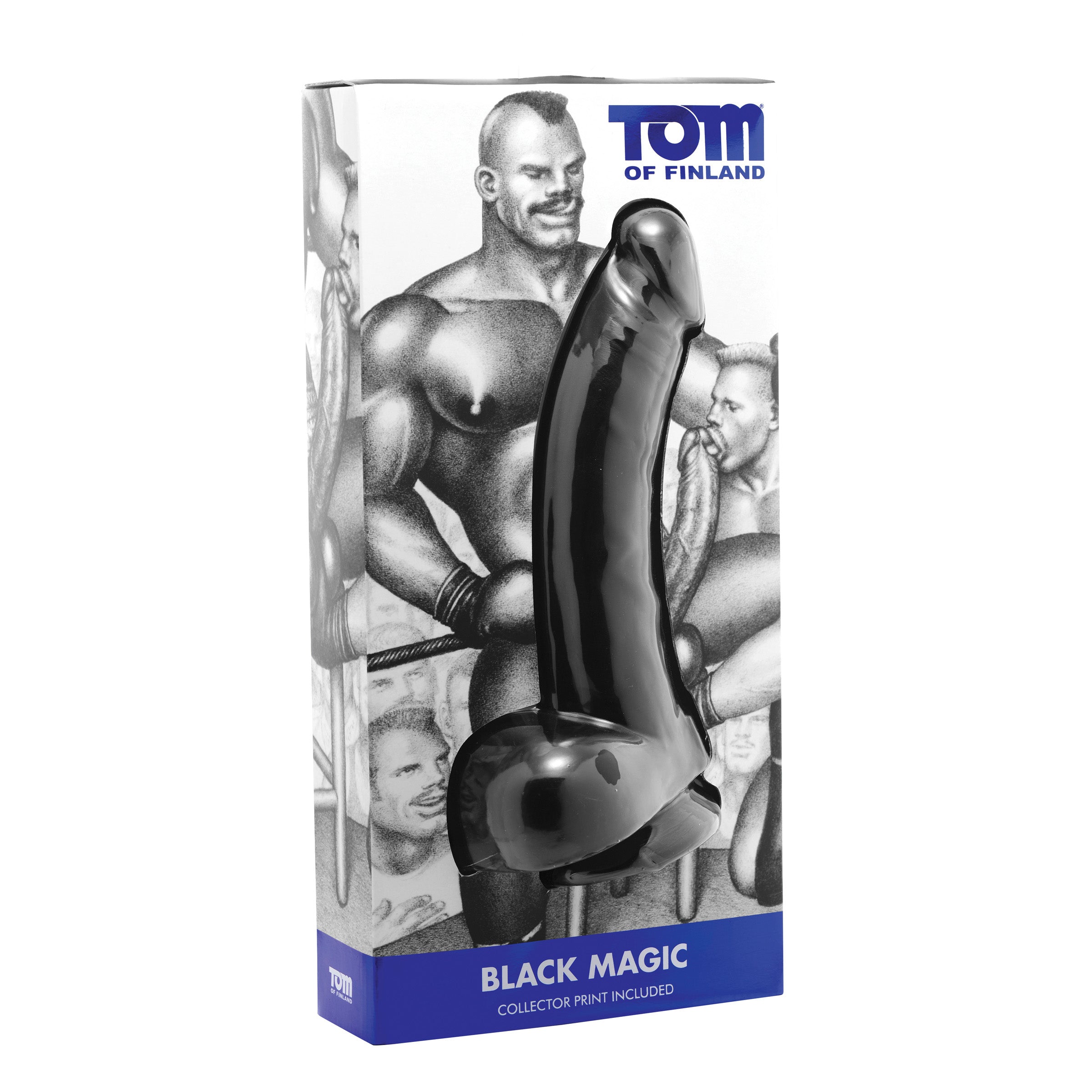 Tom of Finland Black Magic 12-inch realistic dong with detailed veins and bulbous head, designed for ultimate pleasure.