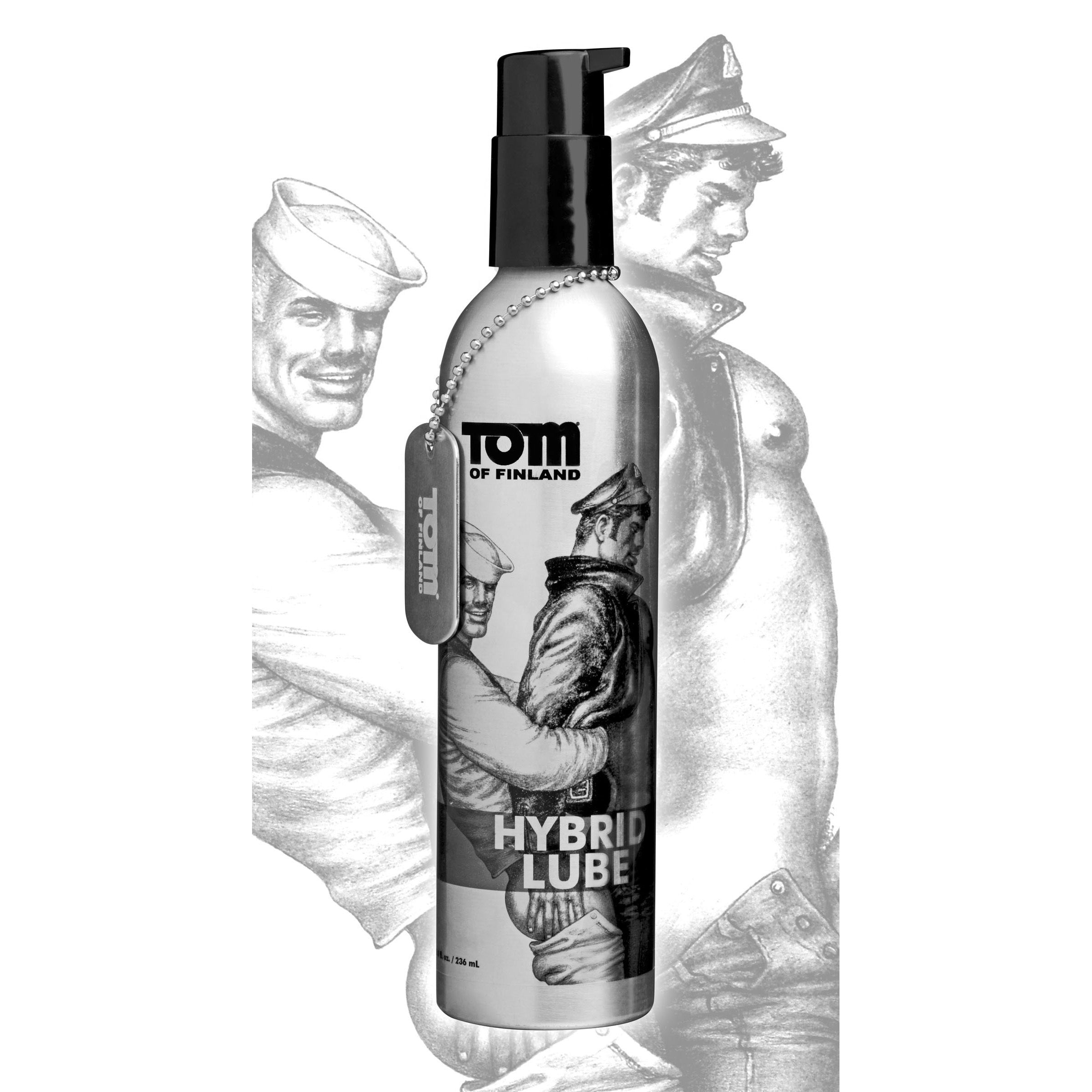 Tom of Finland Hybrid Lube in a durable metal bottle with a convenient pump top, showcasing its clear liquid and Tom of Finland dog tag.