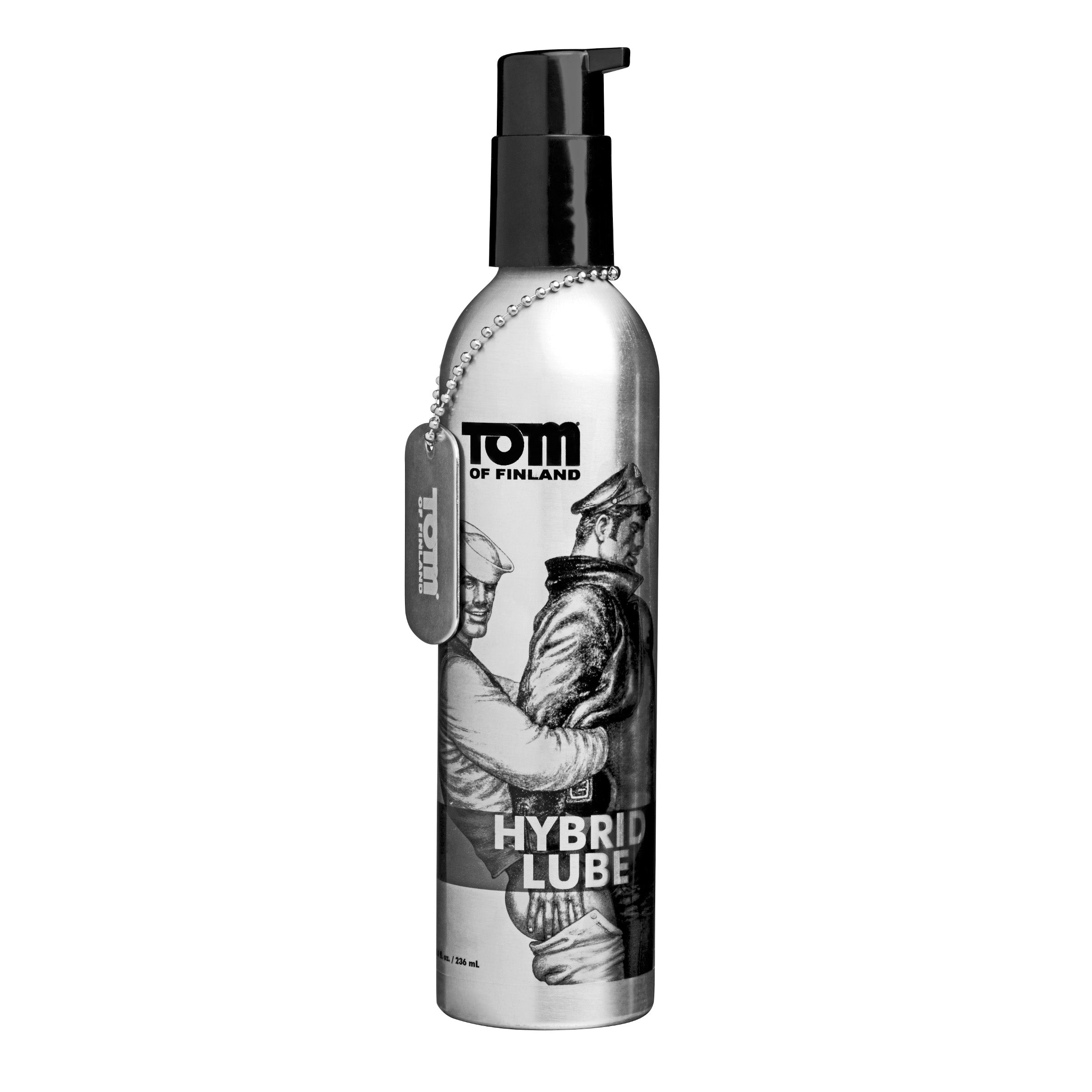 Tom of Finland Hybrid Lube in a durable metal bottle with a convenient pump top, showcasing its clear liquid and Tom of Finland dog tag.