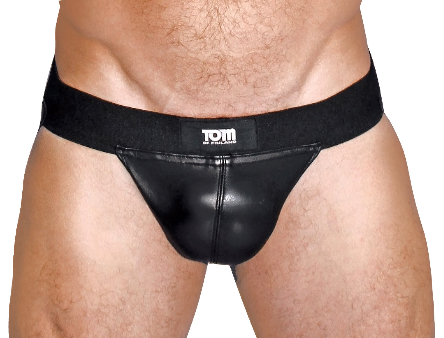 Tom of Finland Leather Jock Strap in black leather with elastic waistband, showcasing molded pouch and open back design.