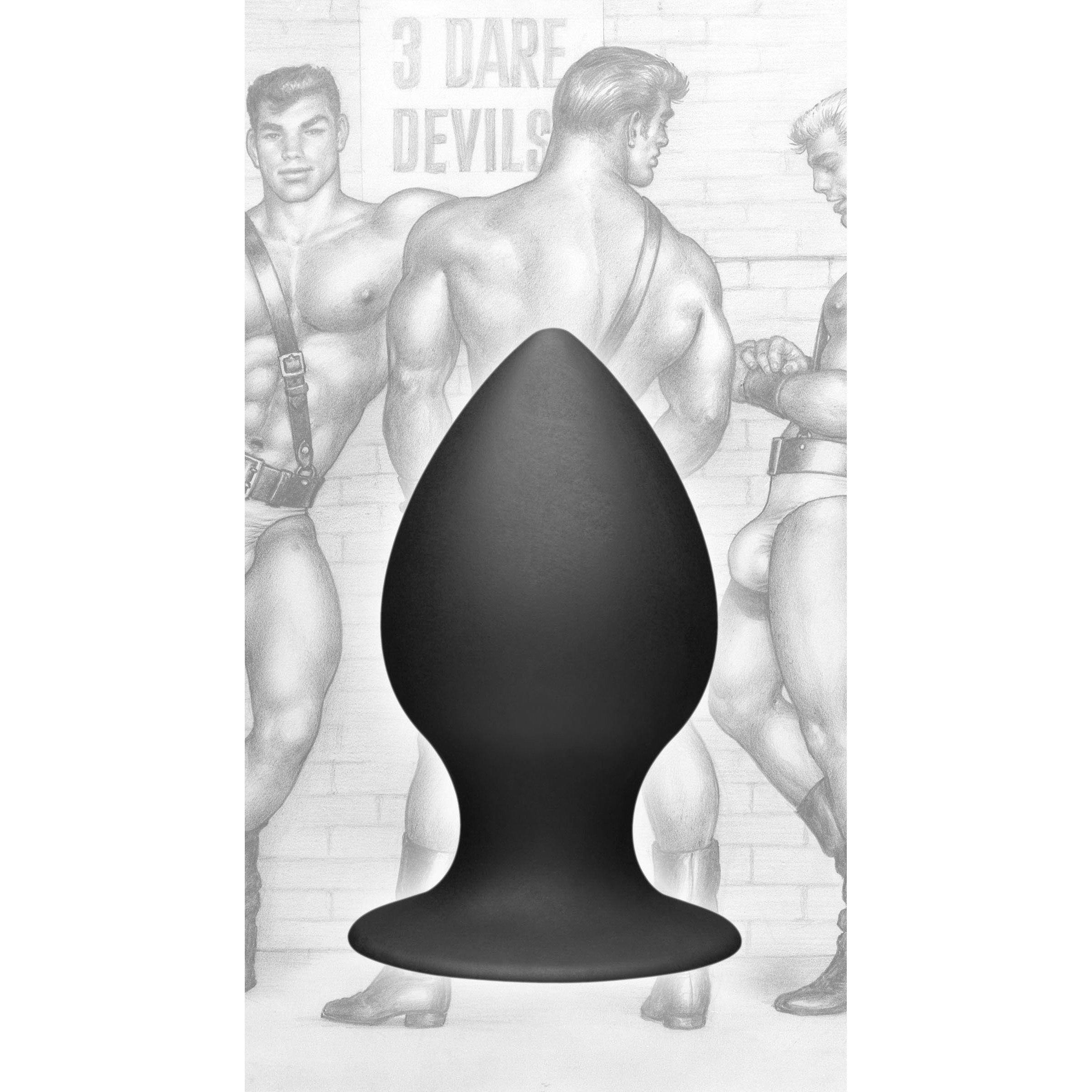 Tom of Finland Medium Silicone Anal Plug with tapered tip and flared suction cup base, made of black silicone.