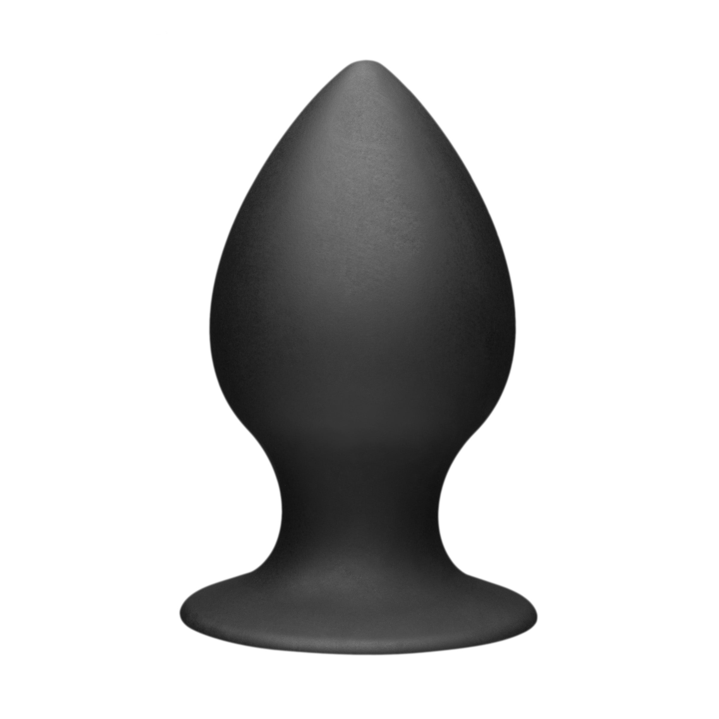 Tom of Finland Medium Silicone Anal Plug with tapered tip and flared suction cup base, made of black silicone.