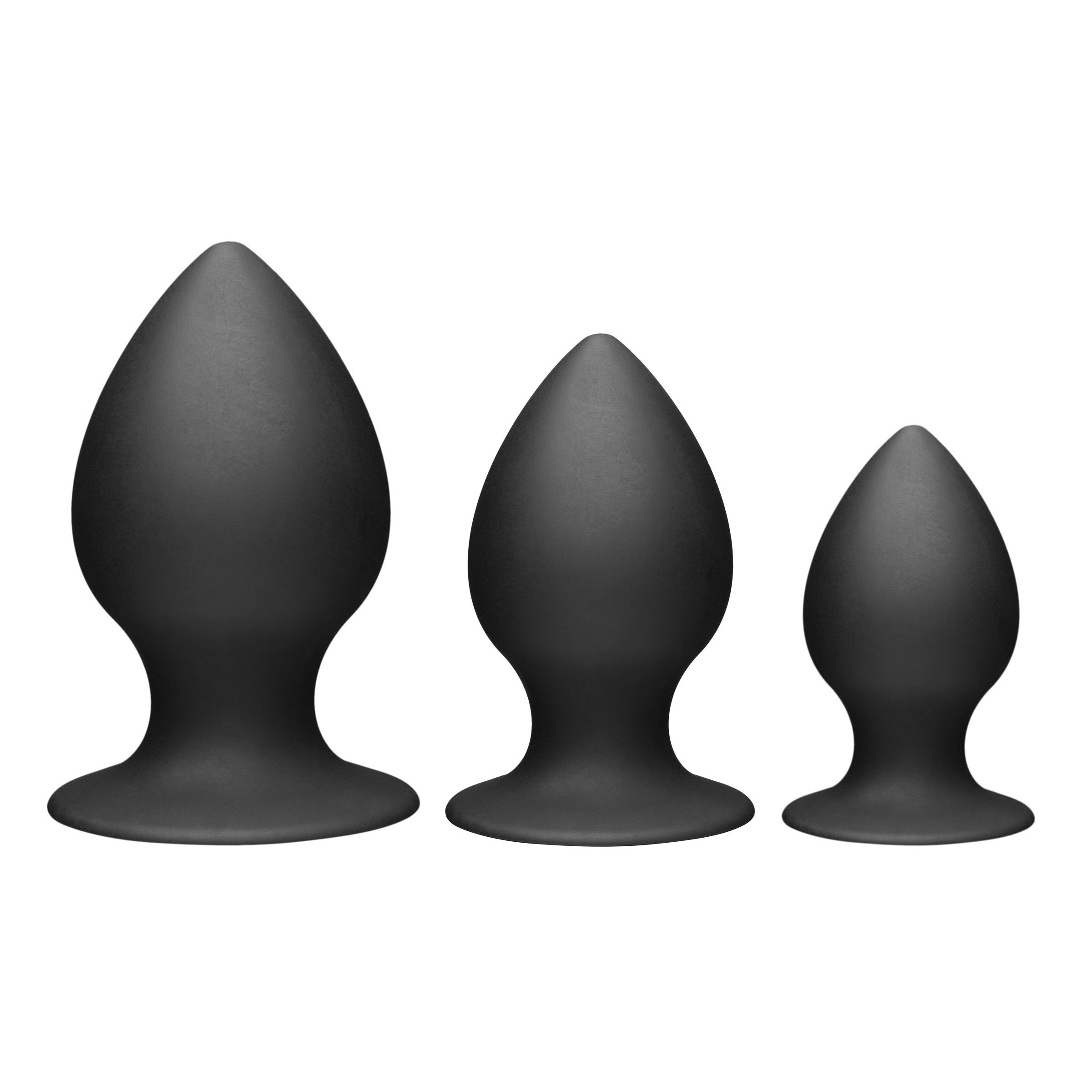 Tom of Finland Medium Silicone Anal Plug with tapered tip and flared suction cup base, made of black silicone.