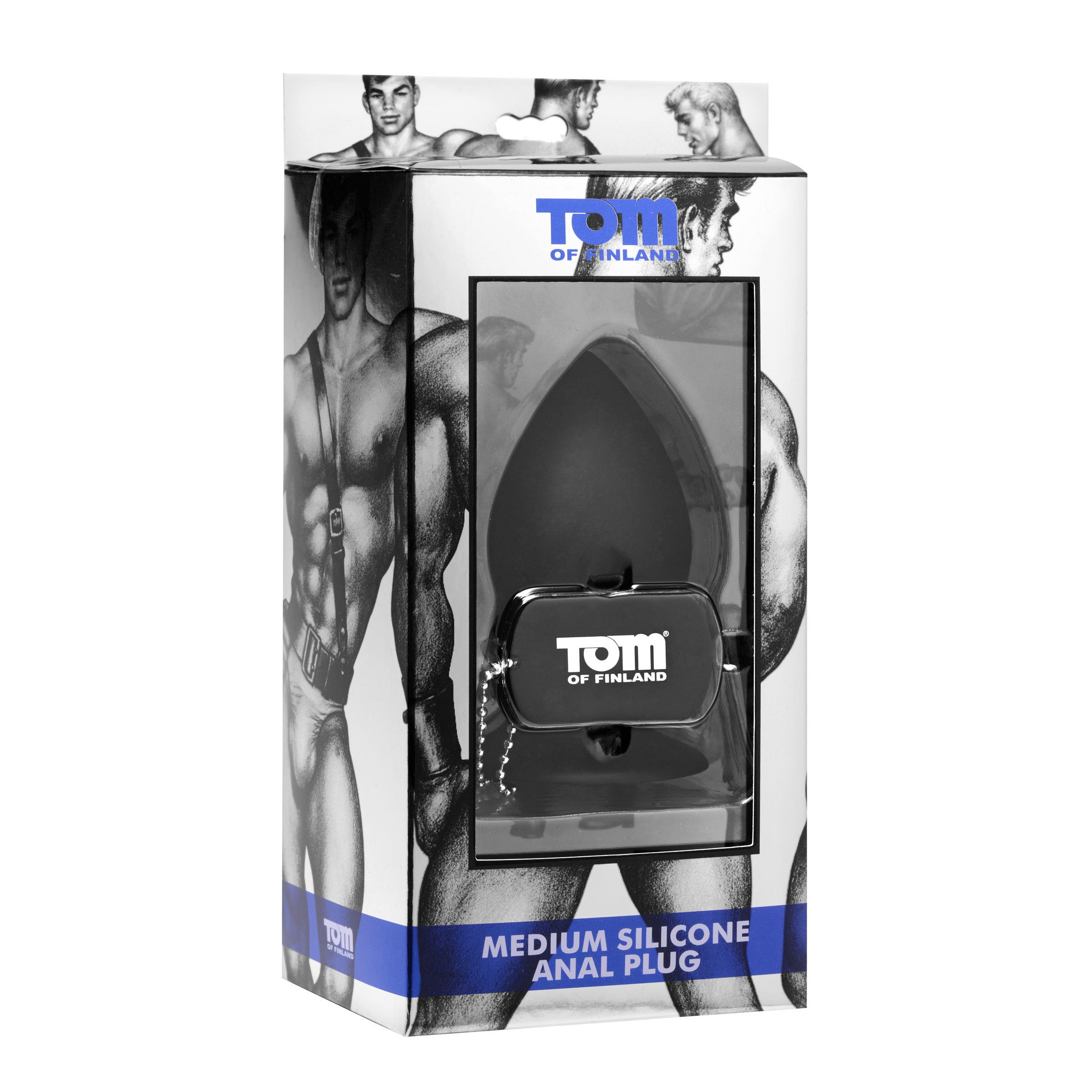 Tom of Finland Medium Silicone Anal Plug with tapered tip and flared suction cup base, made of black silicone.