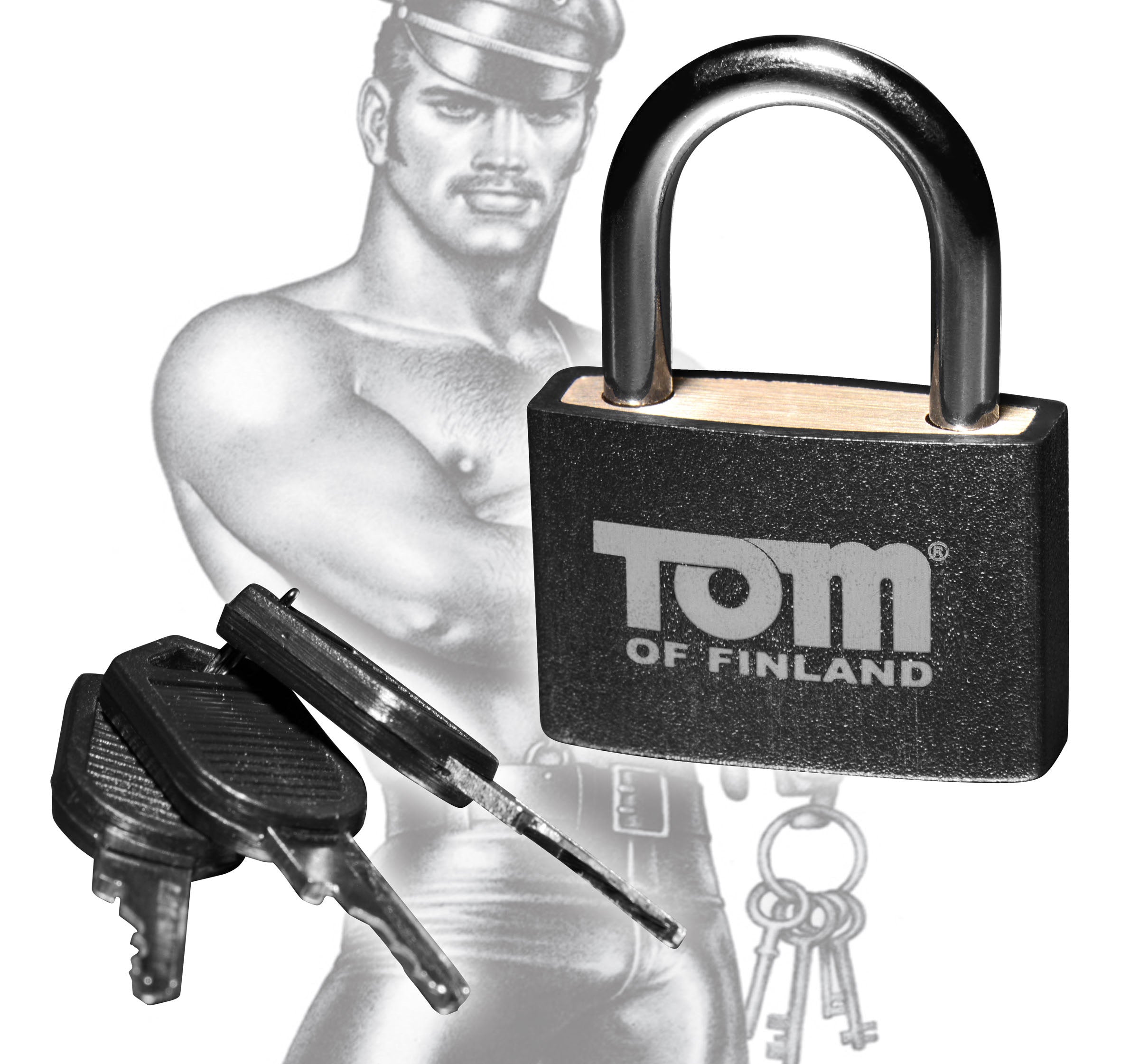 Tom of Finland Metal Lock featuring a stylish design with a logo, made of brass and plastic, ideal for bondage accessories.