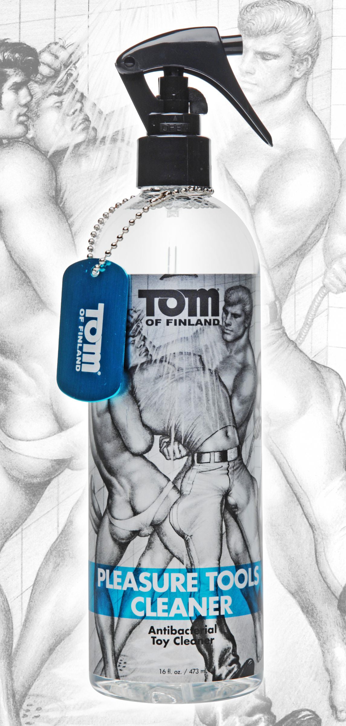 Tom of Finland Pleasure Tools Cleaner 16oz bottle with easy-spray trigger, clear liquid, and Tom of Finland dog tag.