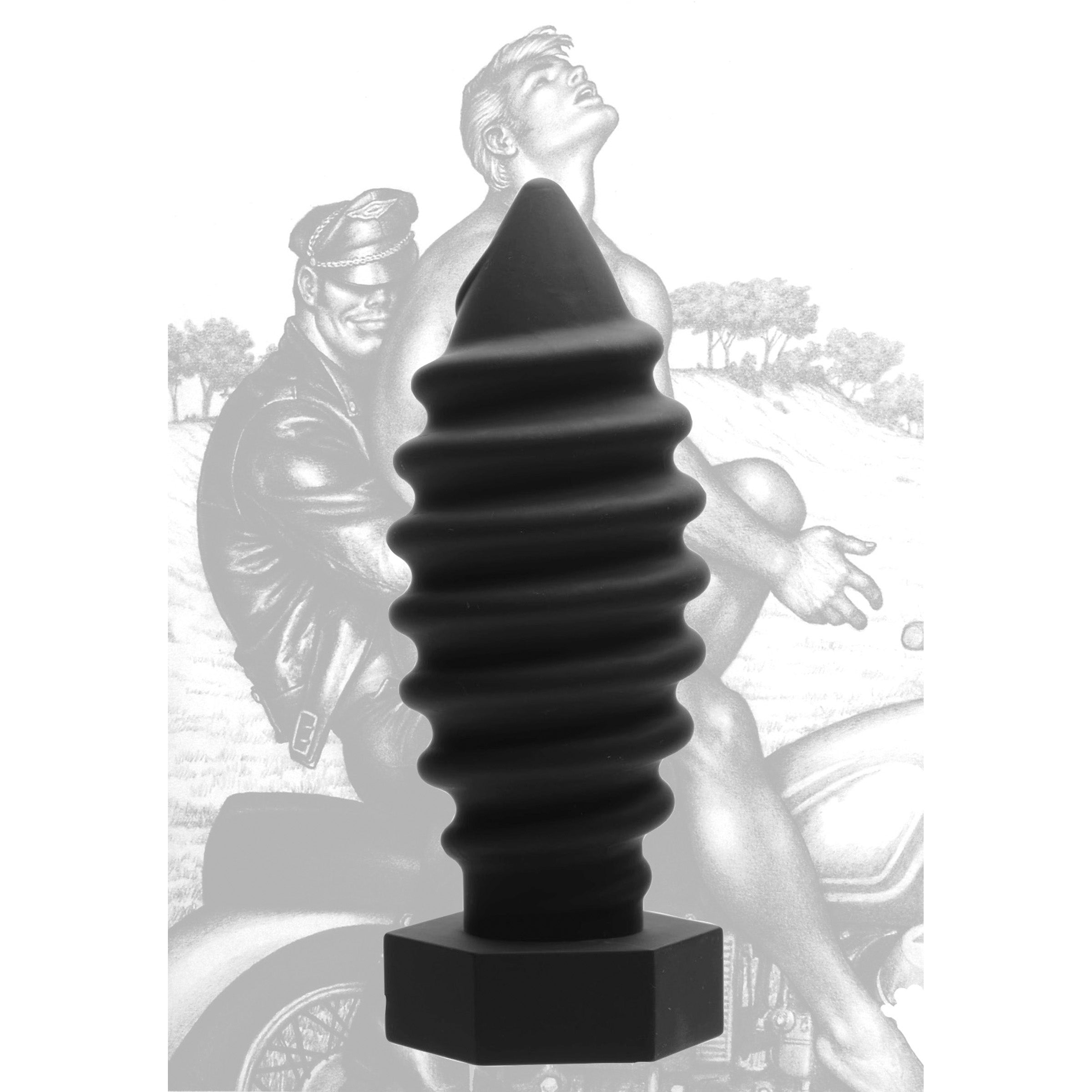 Tom of Finland Screw U Anal Plug, a large black silicone anal toy with a tapered tip and rounded edges for comfortable insertion.