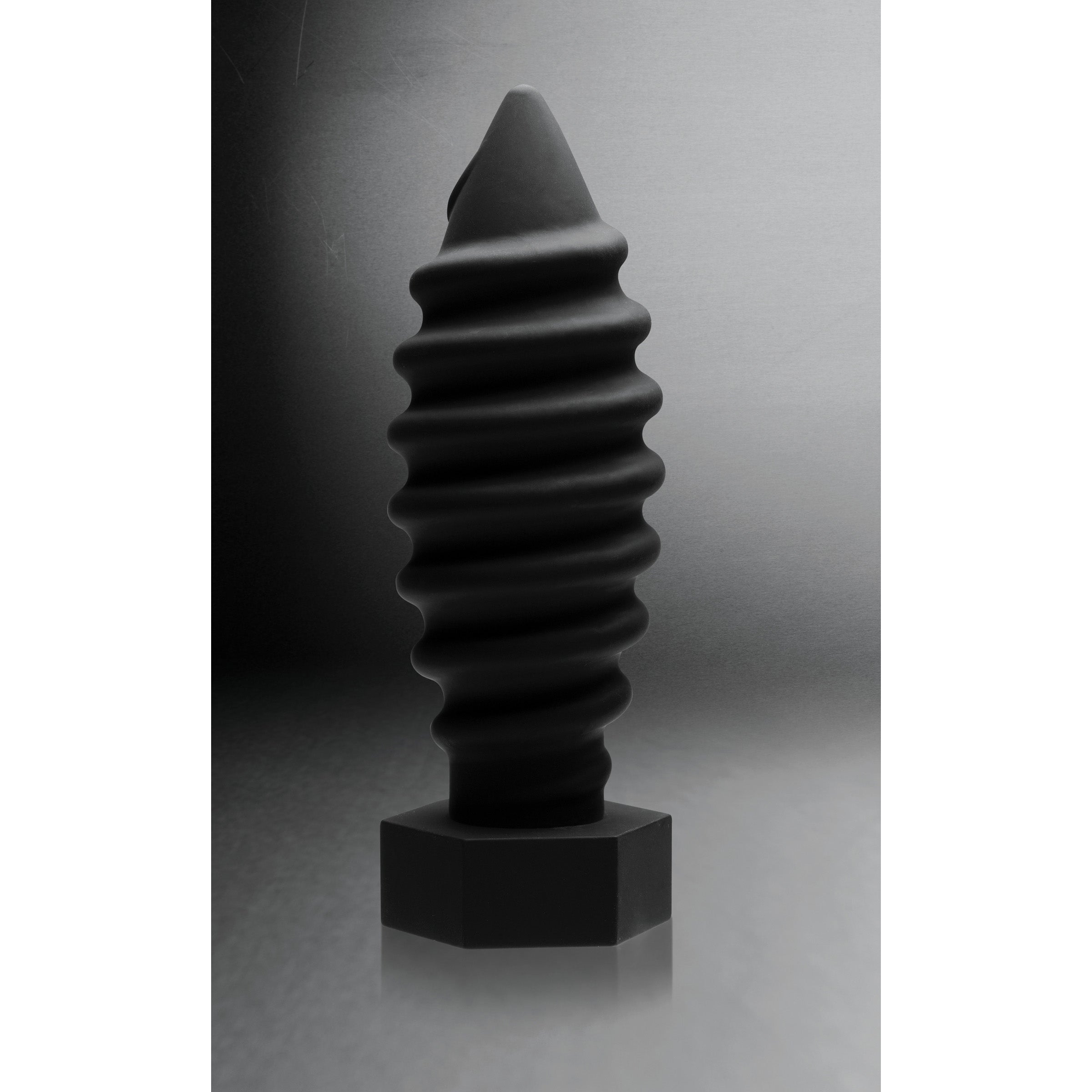 Tom of Finland Screw U Anal Plug, a large black silicone anal toy with a tapered tip and rounded edges for comfortable insertion.