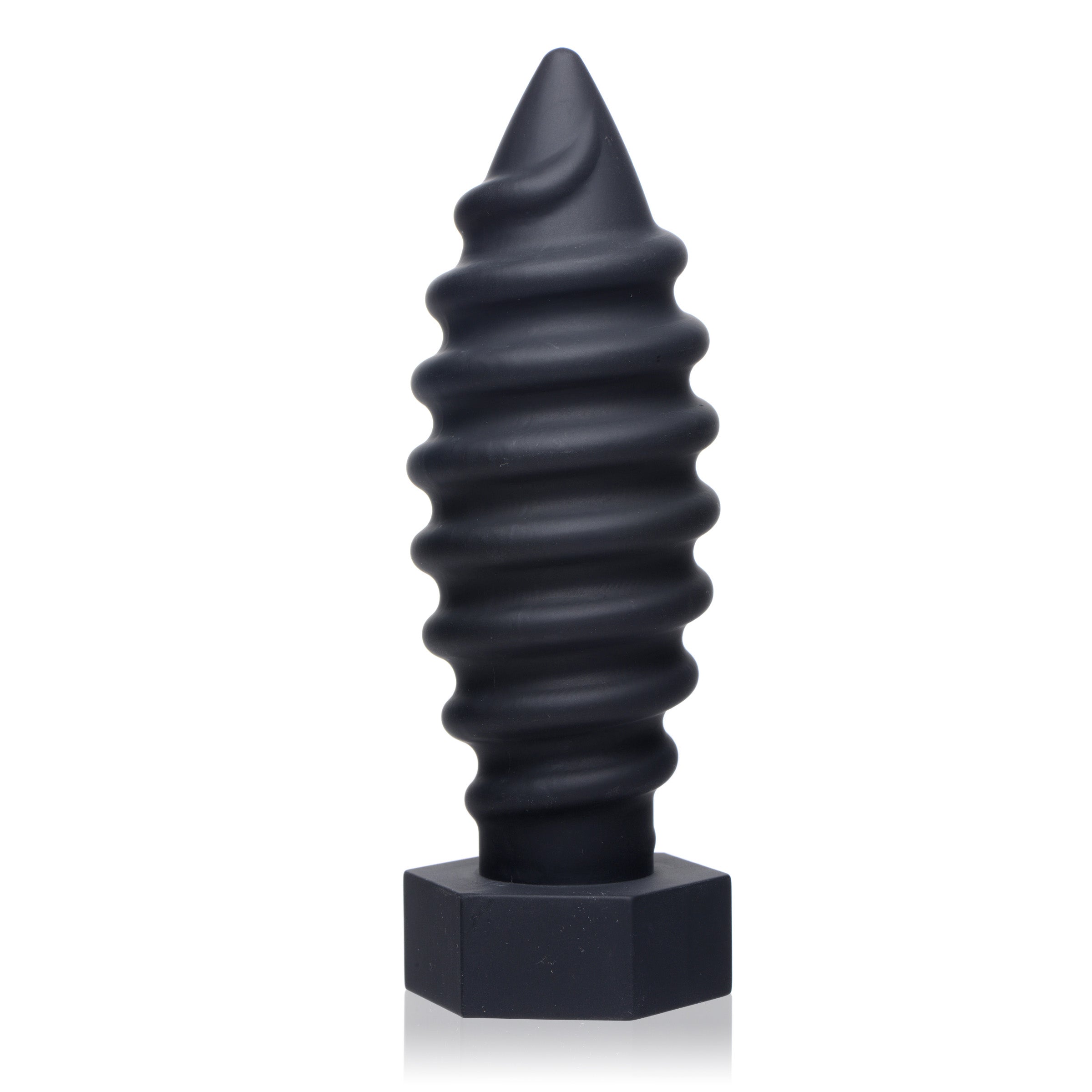 Tom of Finland Screw U Anal Plug, a large black silicone anal toy with a tapered tip and rounded edges for comfortable insertion.