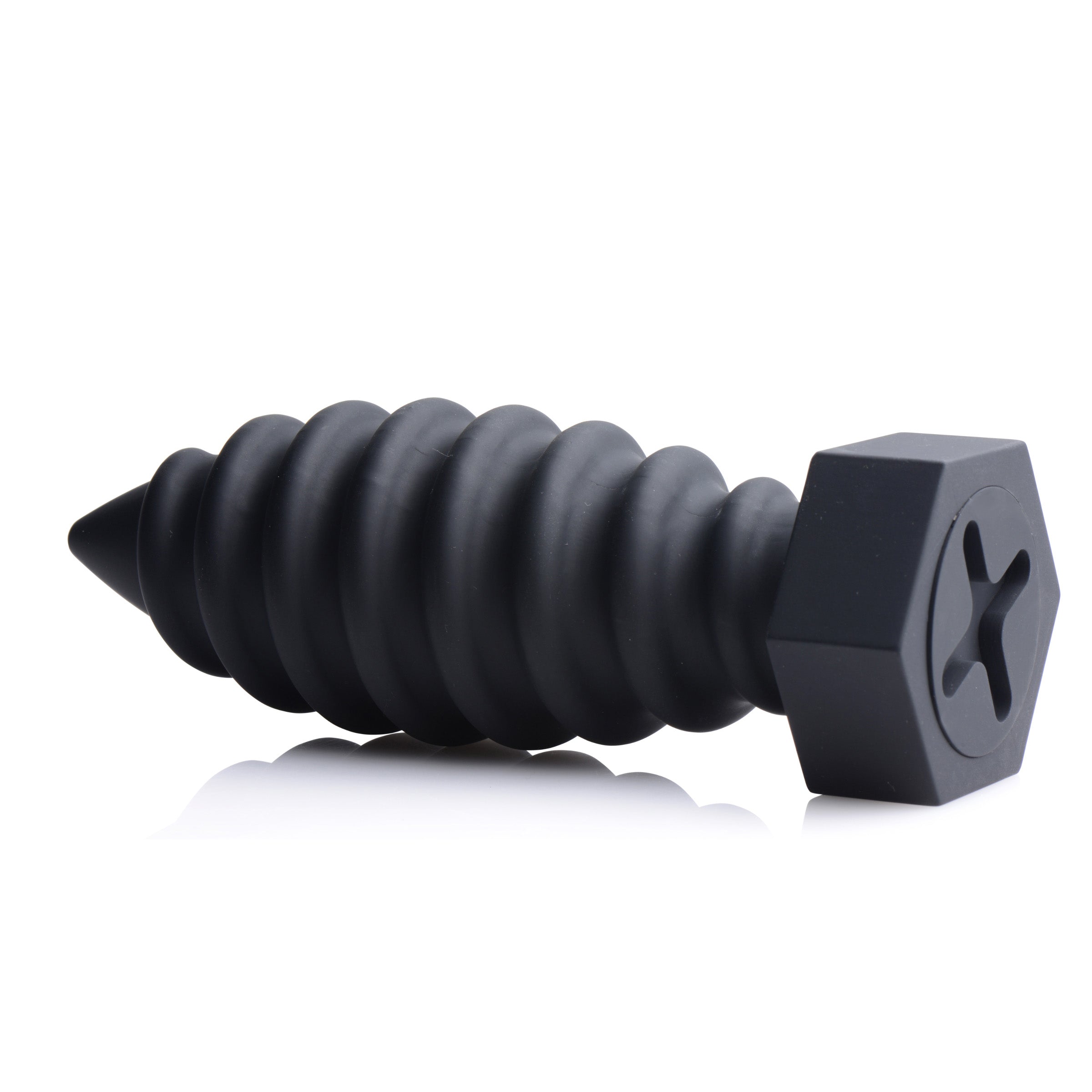 Tom of Finland Screw U Anal Plug, a large black silicone anal toy with a tapered tip and rounded edges for comfortable insertion.