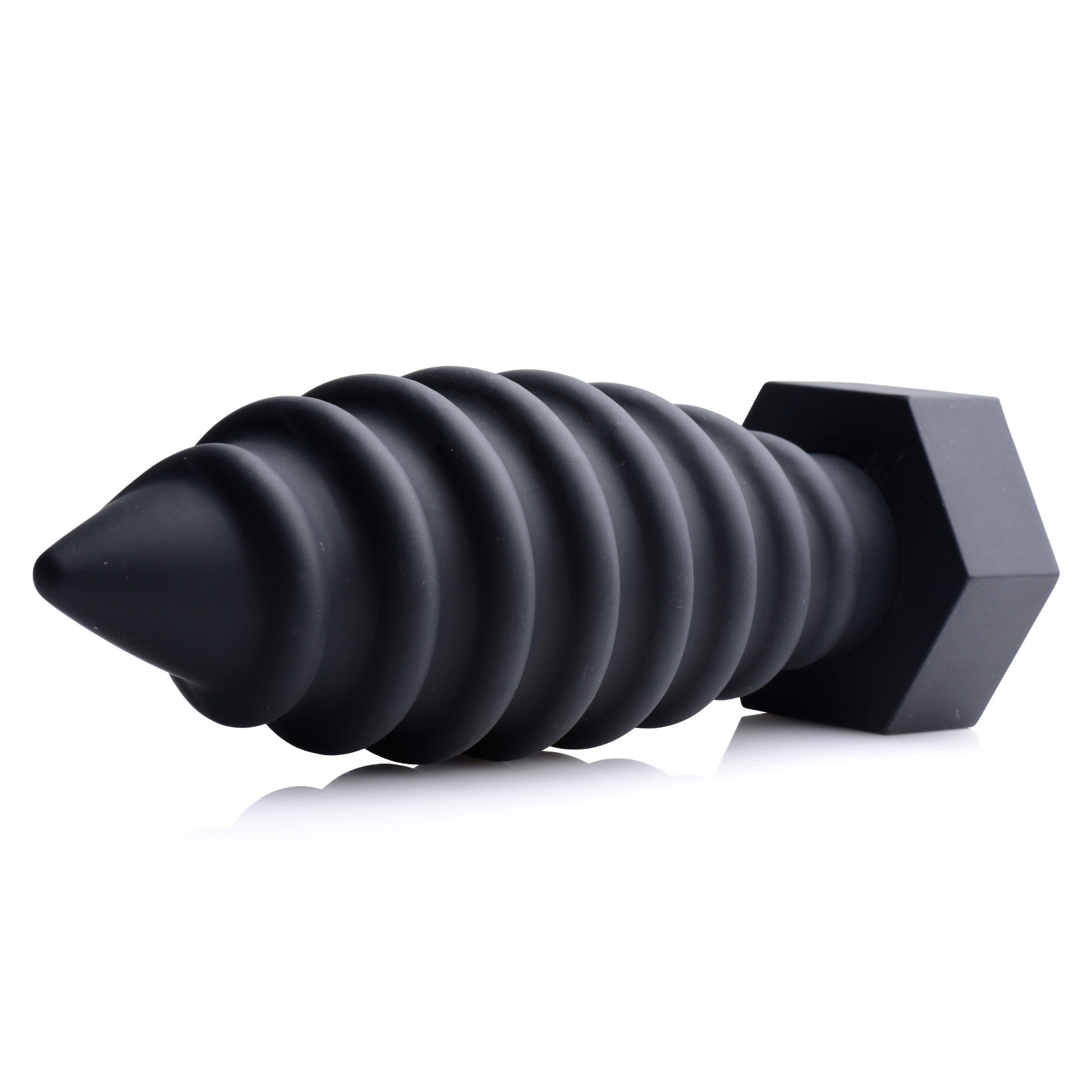 Tom of Finland Screw U Anal Plug, a large black silicone anal toy with a tapered tip and rounded edges for comfortable insertion.