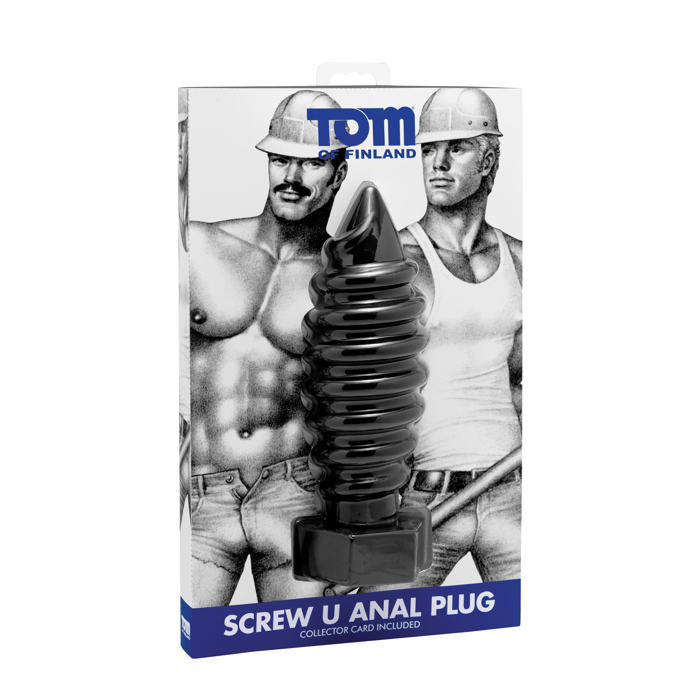 Tom of Finland Screw U Anal Plug, a large black silicone anal toy with a tapered tip and rounded edges for comfortable insertion.