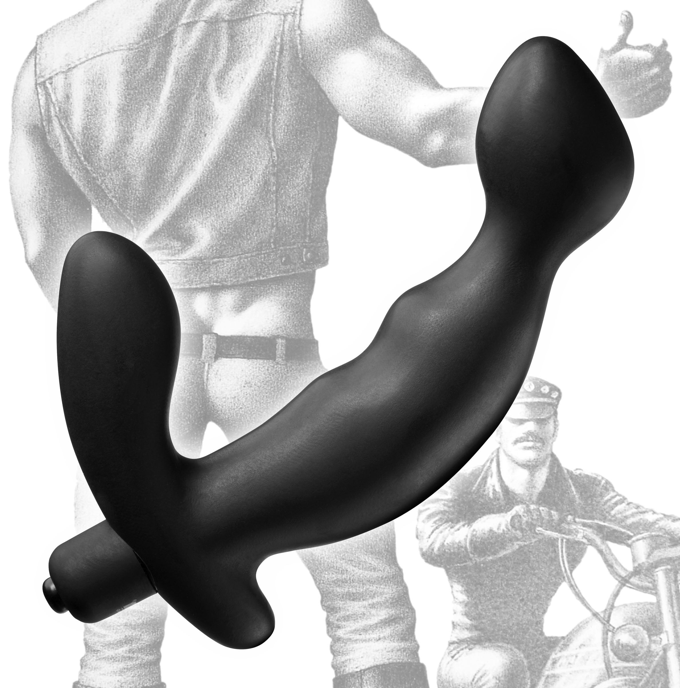 Tom of Finland Silicone P-Spot Vibe in black, designed for prostate stimulation with a powerful vibrating bullet.