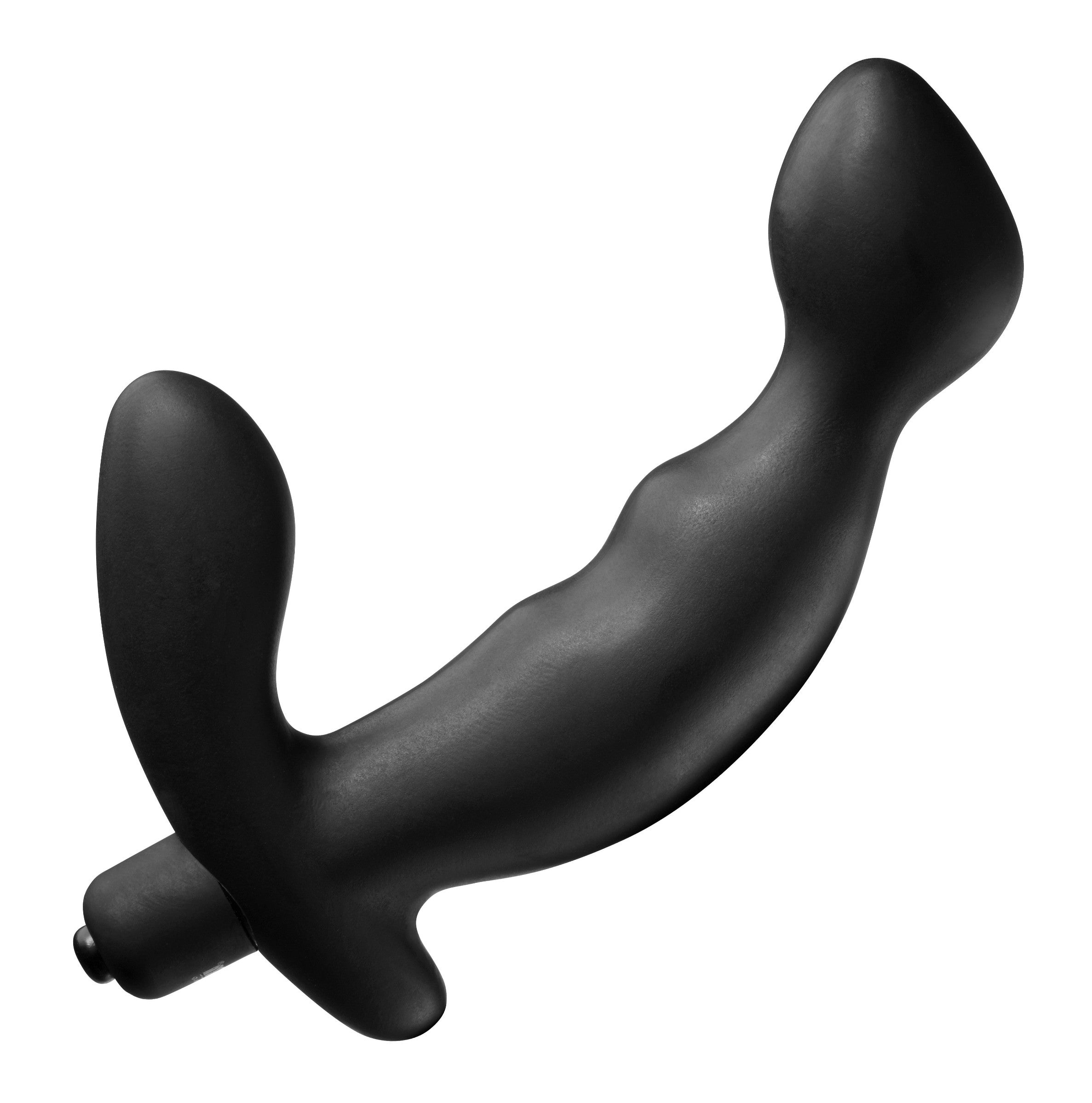 Tom of Finland Silicone P-Spot Vibe in black, designed for prostate stimulation with a powerful vibrating bullet.