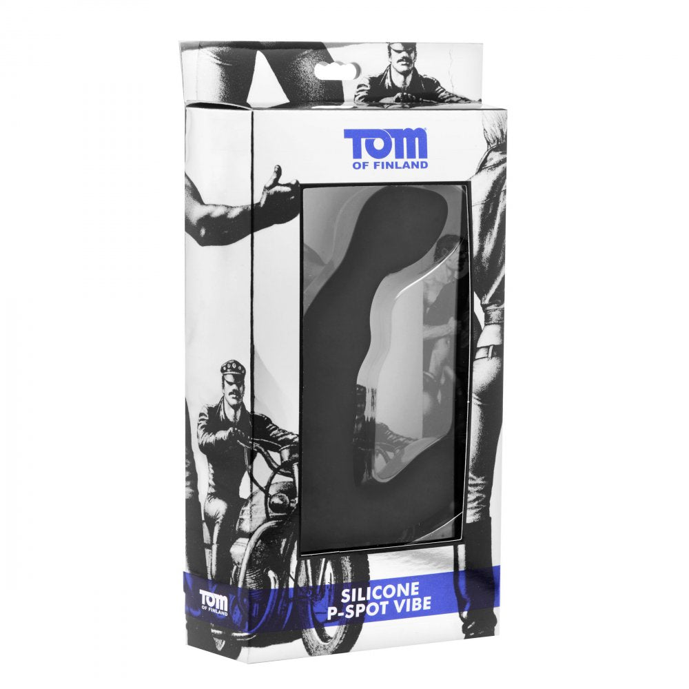 Tom of Finland Silicone P-Spot Vibe in black, designed for prostate stimulation with a powerful vibrating bullet.