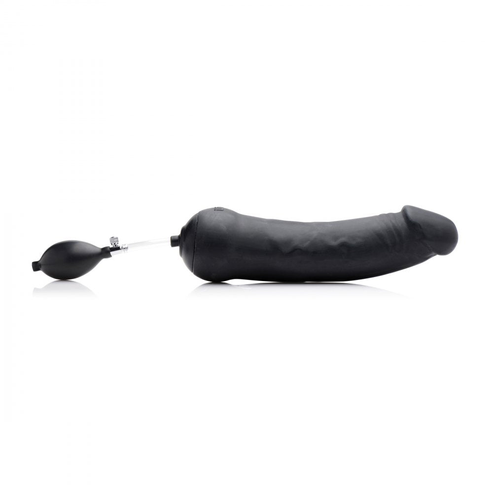 Tom of Finland Toms Inflatable Silicone Dildo in black, showcasing its textured shaft and squeeze bulb for inflation.