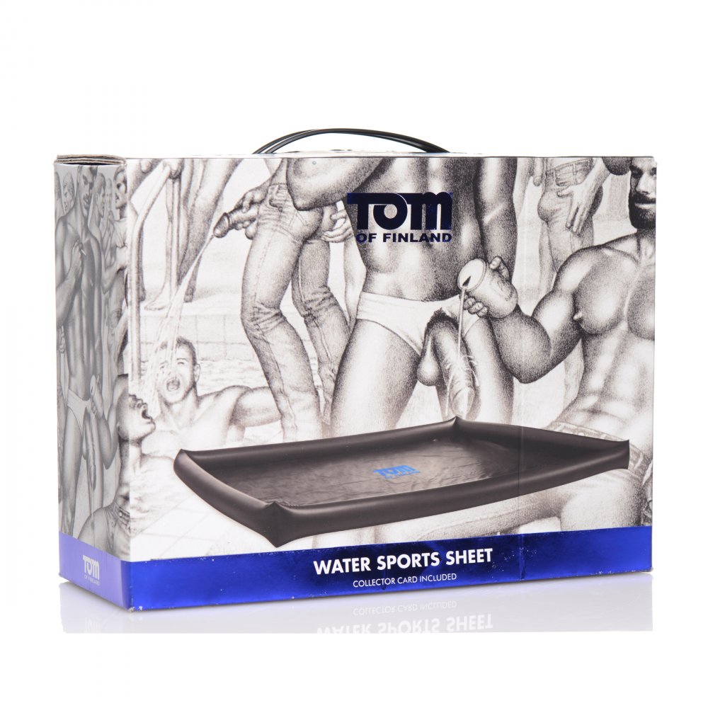 Tom of Finland Water Sports Sheet featuring inflatable edges for spill-proof fun, made of durable black vinyl.