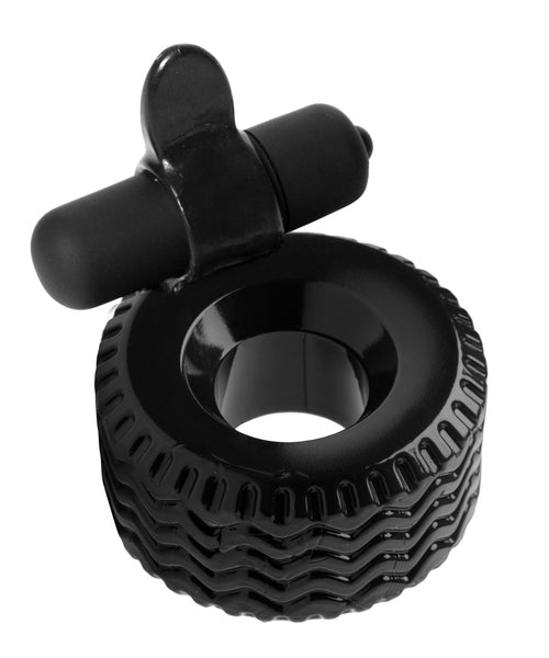 Tread Ultimate Tire Cock Ring with Clit Stimulator in black, showcasing its design and features for enhanced pleasure.