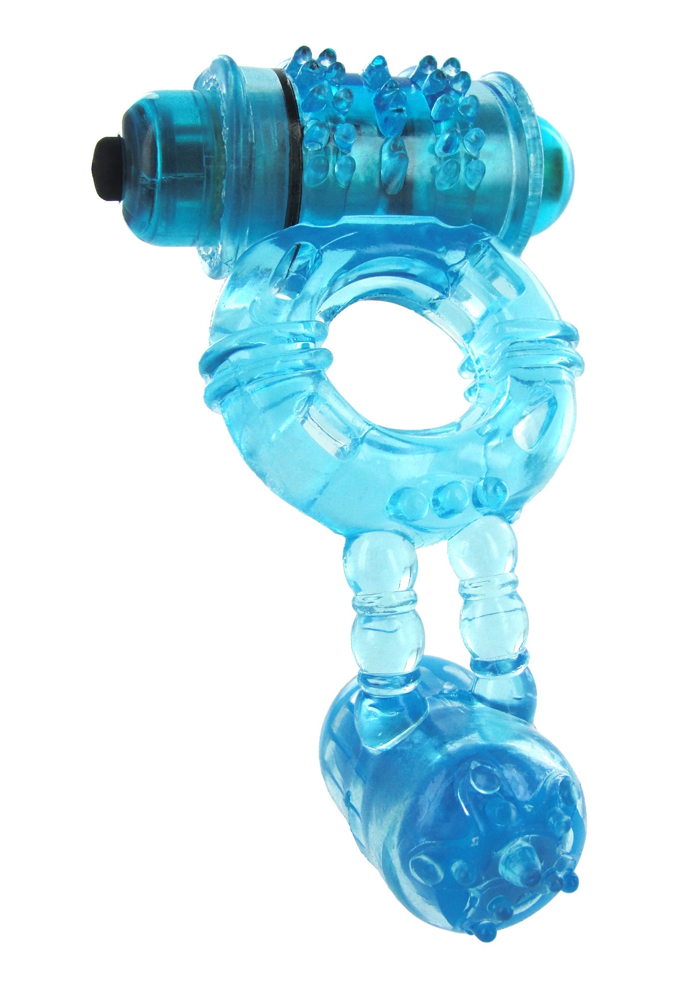 Trinity Dual Motor Cock Ring in blue with dual vibrating bullets for enhanced pleasure.