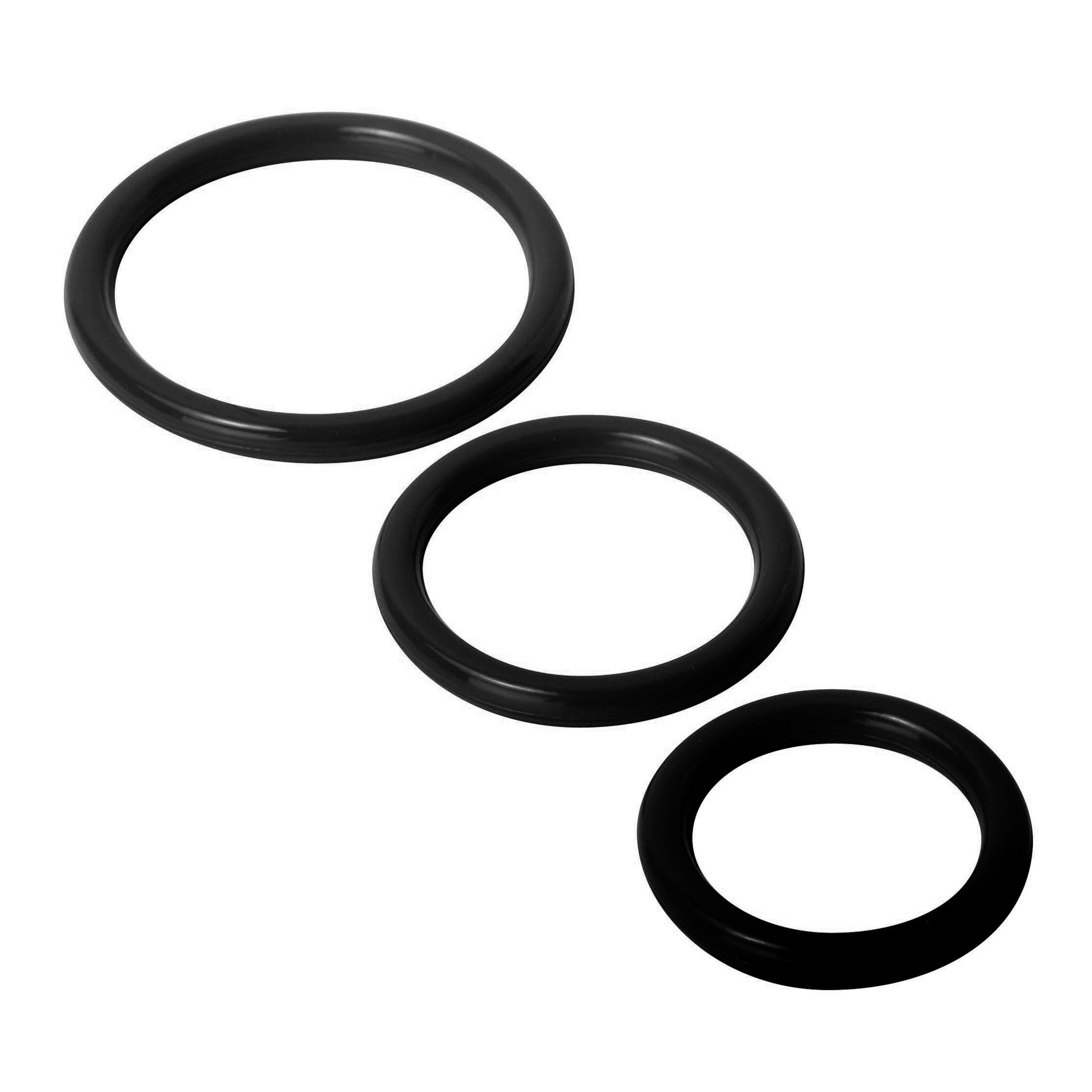 Trinity Silicone Cock Rings in black, showcasing three different sizes for enhanced pleasure and comfort.