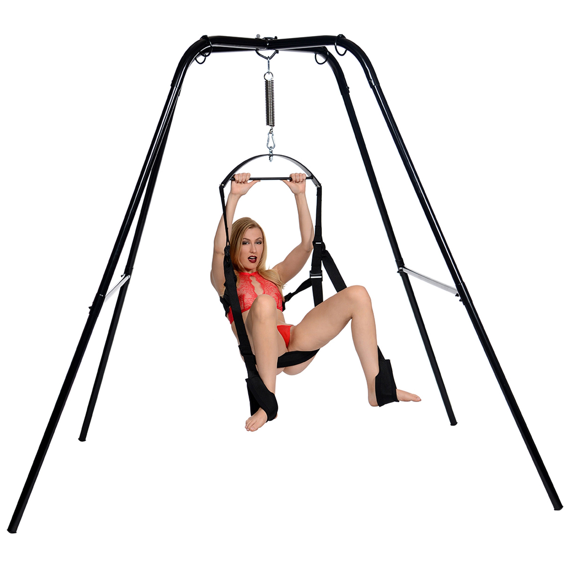 Trinity Ultimate Sex Swing Stand in black steel, showcasing its sturdy design and built-in rings for swing attachment.