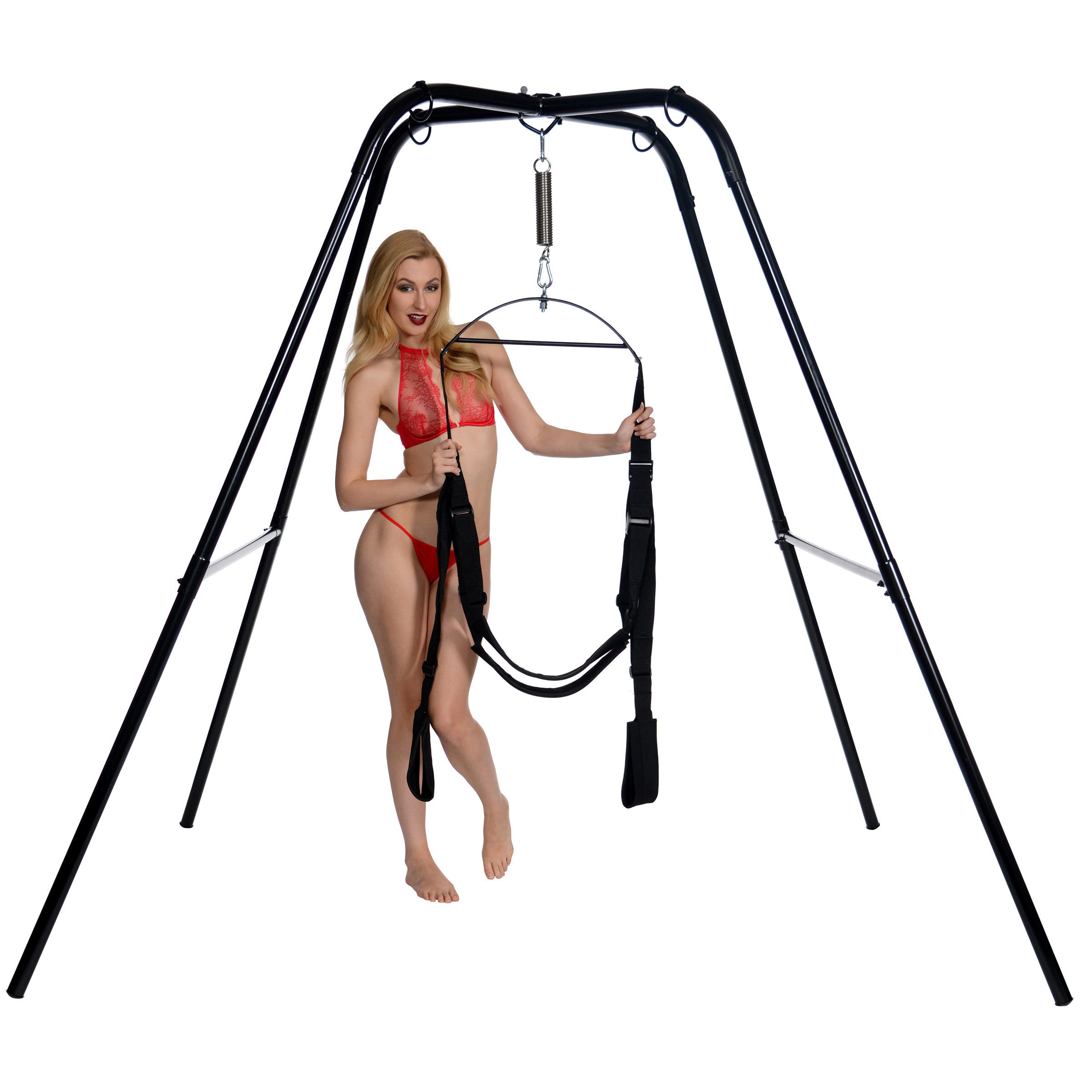 Trinity Ultimate Sex Swing Stand in black steel, showcasing its sturdy design and built-in rings for swing attachment.