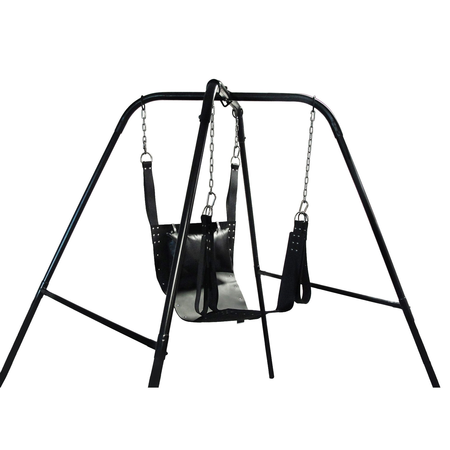 Trinity Ultimate Sex Swing Stand in black steel, showcasing its sturdy design and built-in rings for swing attachment.