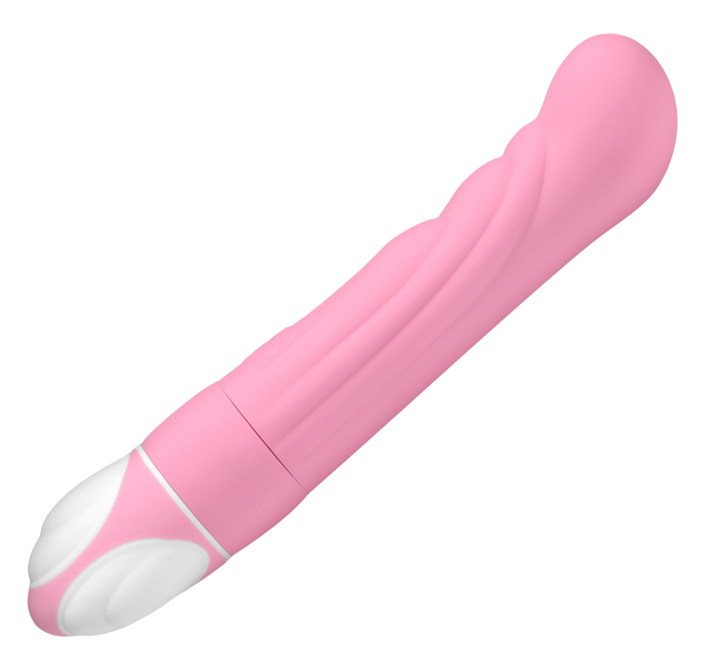 Trinity Vibes 8 Function Vibe in pink with gentle ripples and angled tip, showcasing its sleek design and features.