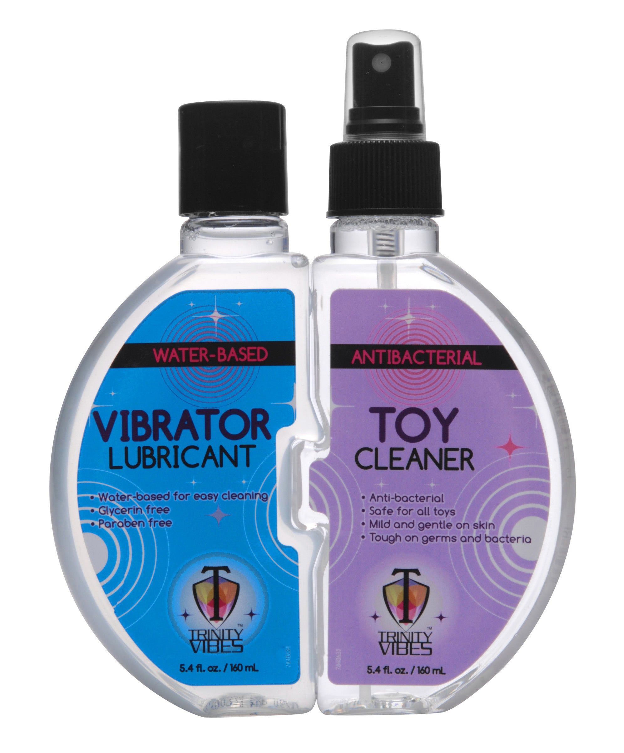 Trinity Vibrator Lube and Toy Cleaner Set featuring two interlocking bottles, one for lubricant and one for antibacterial cleaner, both clear.